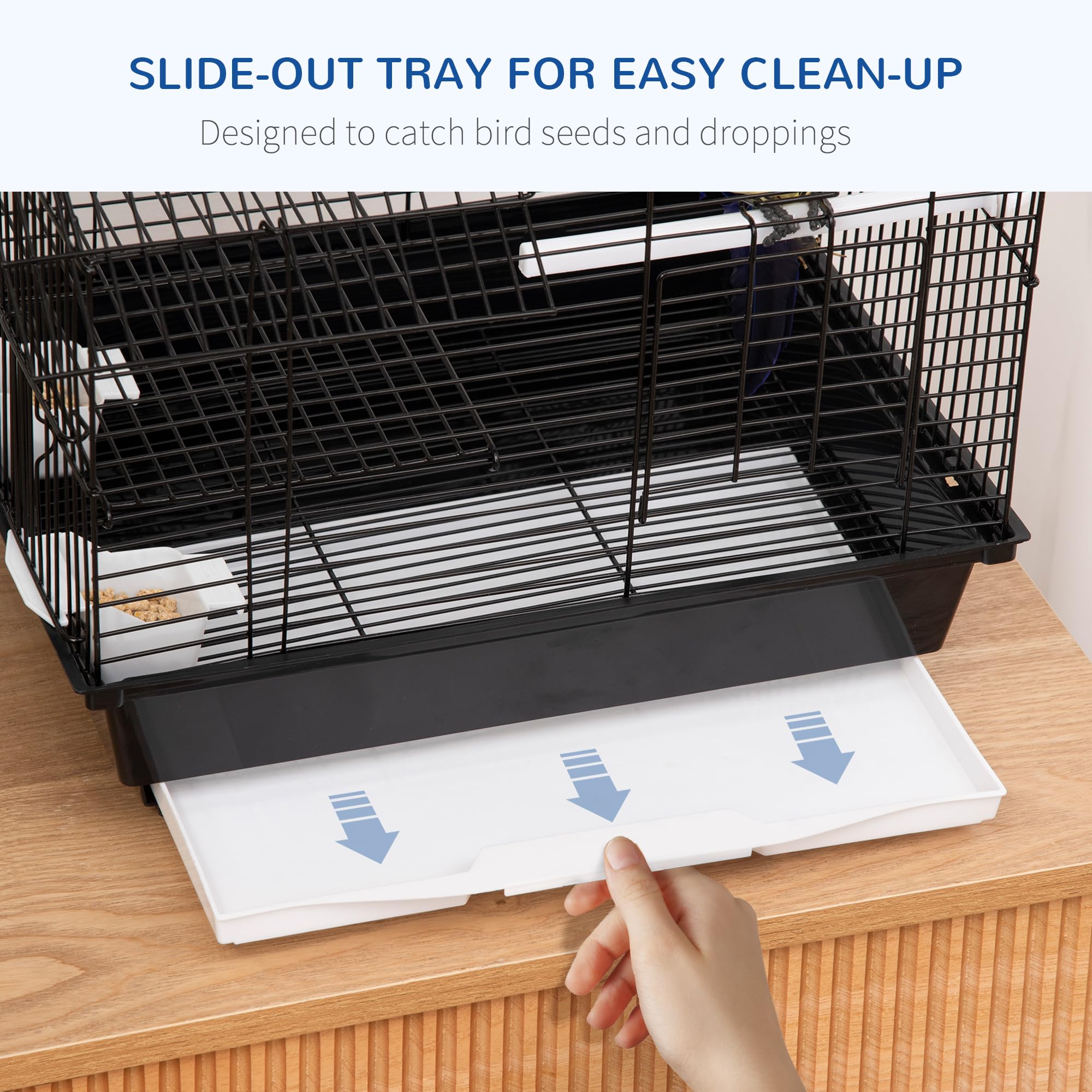 PawHut Jaula para Pájaros 39x33x47 cm Pajarera Metálica con 3 Puertas 2 Comederos 2 Perchas Columpio Bandeja Extraíble y Asa de Transporte para Canarios Negro