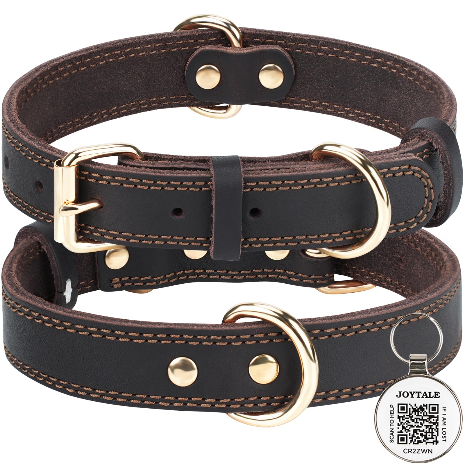 Joytale Collar Perro Cuero, Cuello de Suave Cuero Auténtica Ajustable con Etiqueta QR ID para Perros Grandes, Marrón, L