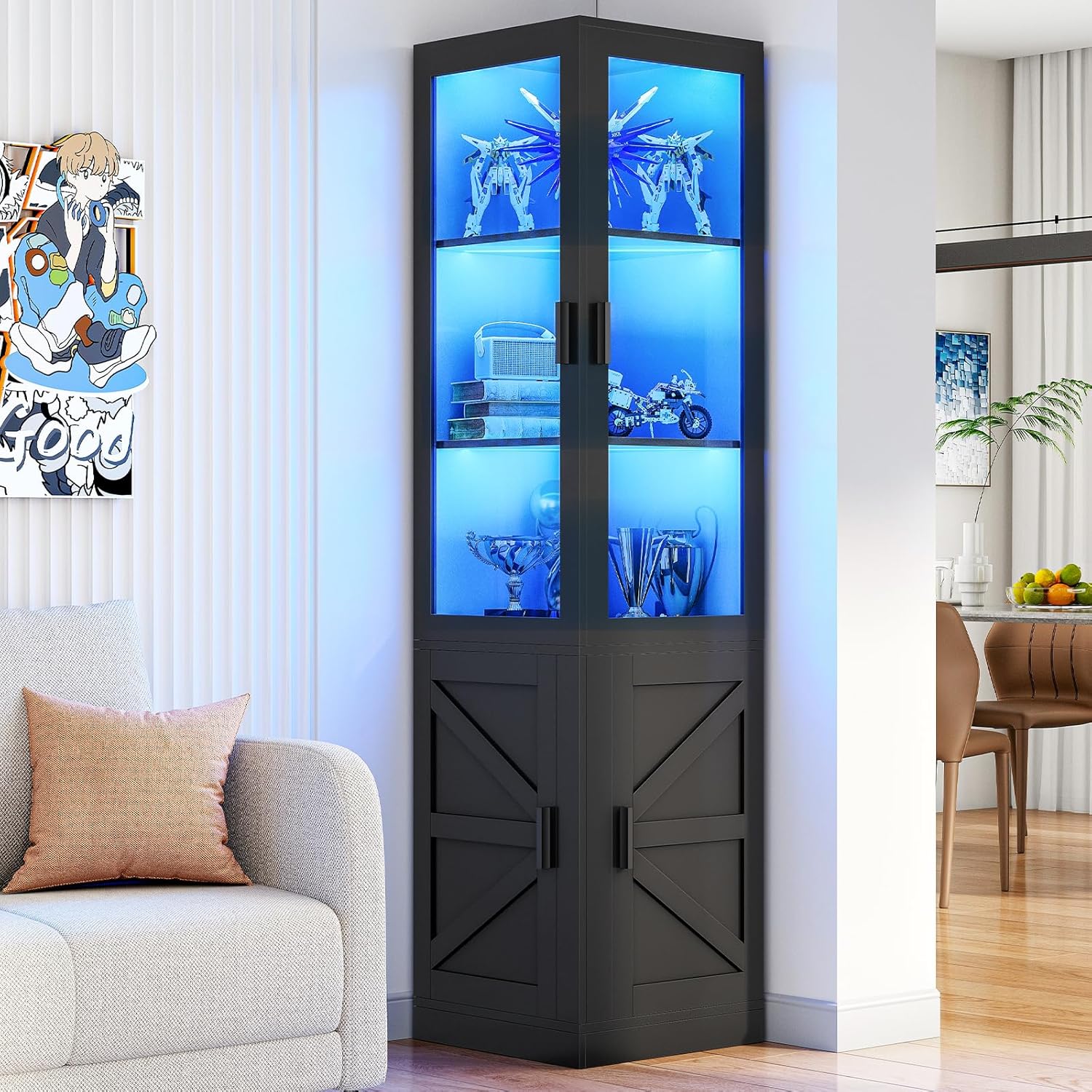 HOOBRO 69.5" Black Corner Glass Display Cabinet with LED Lights, Adjustable Shelves for Collectibles BK01DDC01