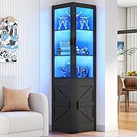 HOOBRO 69.5" Black Corner Glass Display Cabinet with LED Lights, Adjustable Shelves for Collectibles BK01DDC01