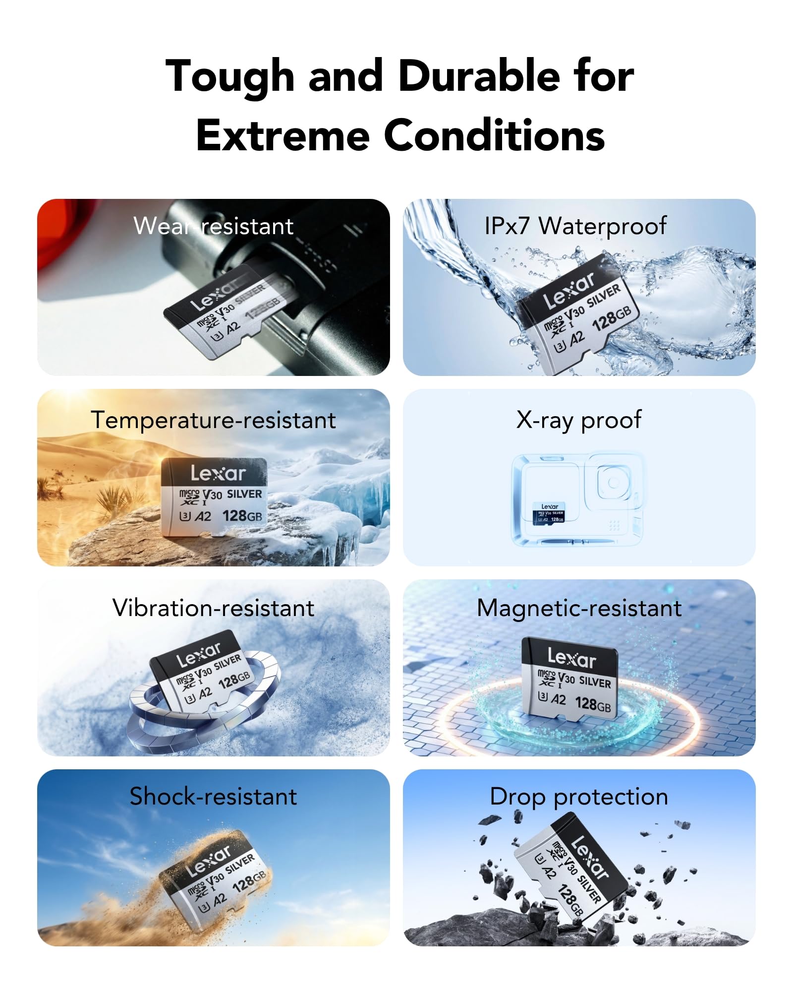 Lexar Silver Micro SD Card 128 GB, fino a 205 MB/s in lettura, TF Card | Microsdxc, 100 MB/s in scrittura, scheda di memoria micro SD+ adattatore, A2, U3, Classe 10, V30, Full HD e 4K UHD Video