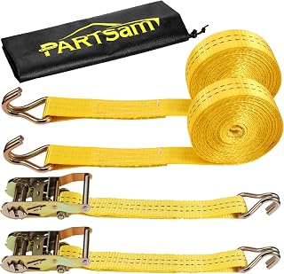Partsam Heavy Duty Ratchet Cargo Tie Down Straps, 4400lbs Break Strength - (2) Heavy Duty 1.5" x 20' Cargo Tiedowns with Steel Dual J-Hooks for Moving, Hauling, Motorcycles, Securing Cargo (Yellow)
