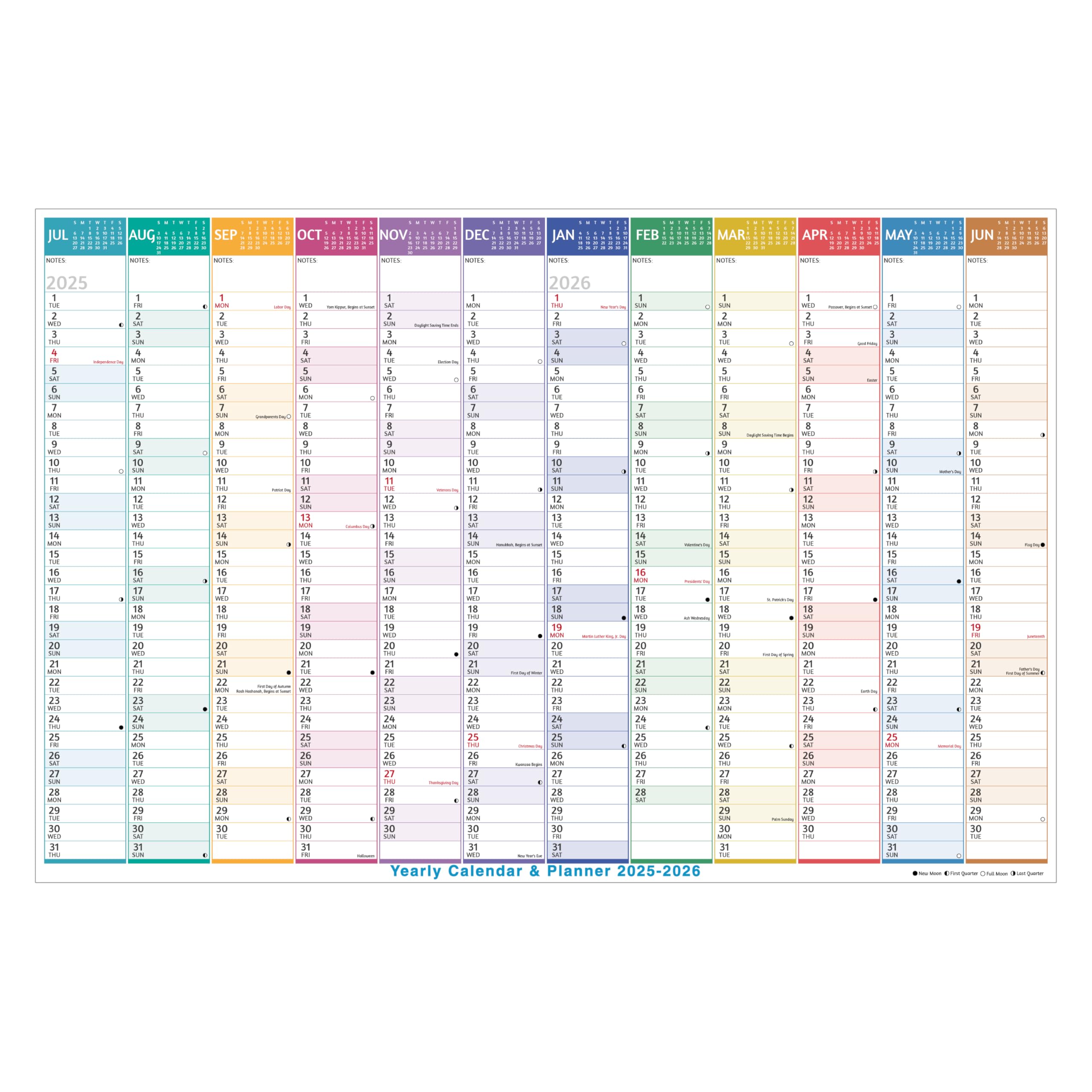 Yearly Wall Calendar 2025-2026 - Large Yearly Calendar 2025-2026, Jul 2025 - Jun 2026, 38.2" x 25.2" (Open), Full Academic Year Calendar 12 Months, with Moon Phase, Notes, Stickers, All At One Page