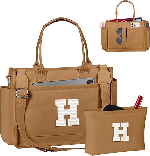 Miniatura 177 de Easter Basket Stuffers, Initial Tote Bag with Makeup Bag, Birthday Gifts for Women, Teen Girl Gifts Trendy Stuff Beige,Negro