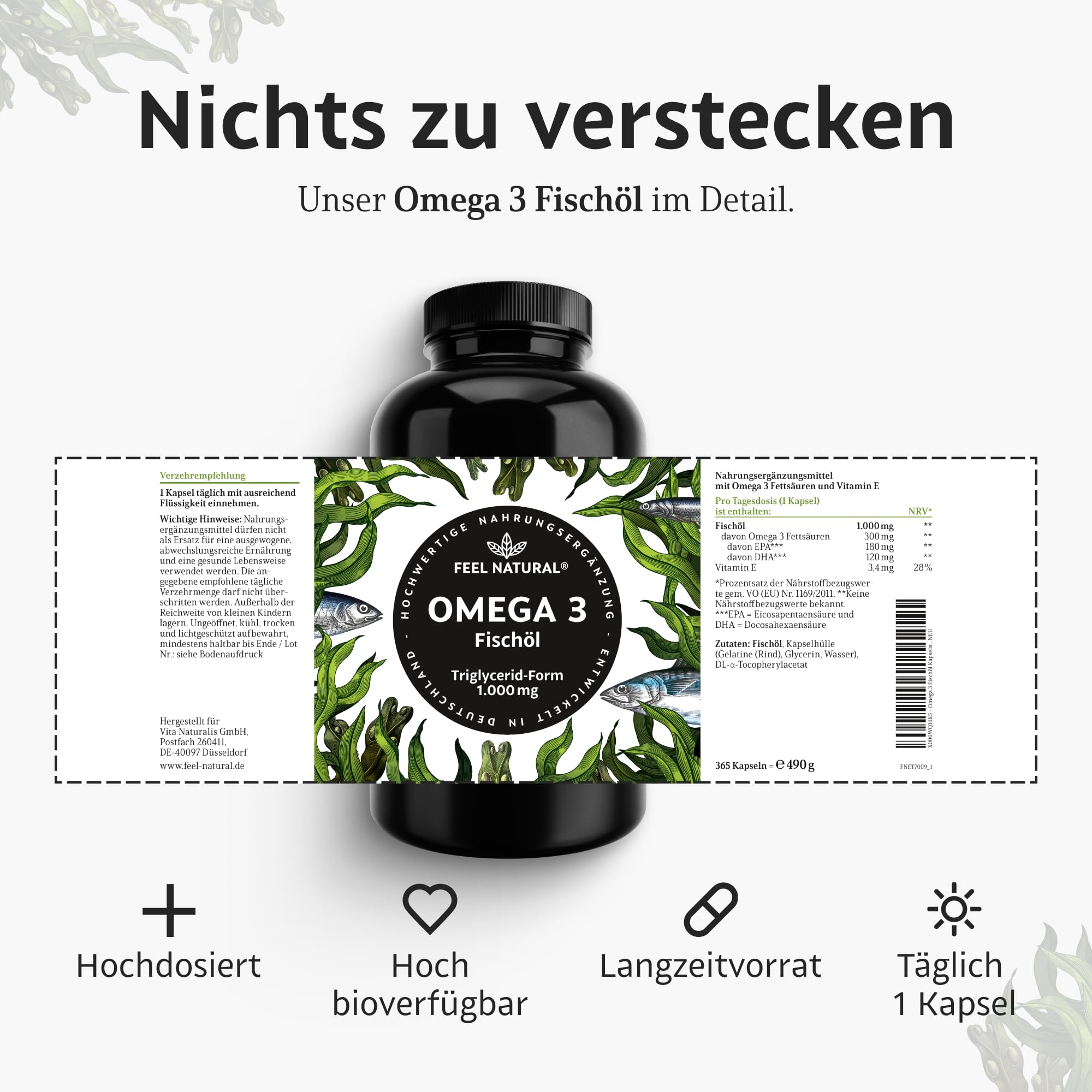 Omega 3 Kapseln hochdosiert - Jahresvorrat 365 Stück - Nur 1 Kapsel täglich - Essentielle Omega 3 Fettsäuren EPA & DHA - Fischöl Kapseln ohne unnötige Zusätze - in Deutschland entwickelt