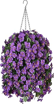 Artificial Fake Hanging Flowers Plants Basket for Outdoor Spring Decoration, Faux Silk Purple Morning Glory Long Stems Vines Realistic UV Resistant for Outside Home Porch Garden Yard Patio Indoor