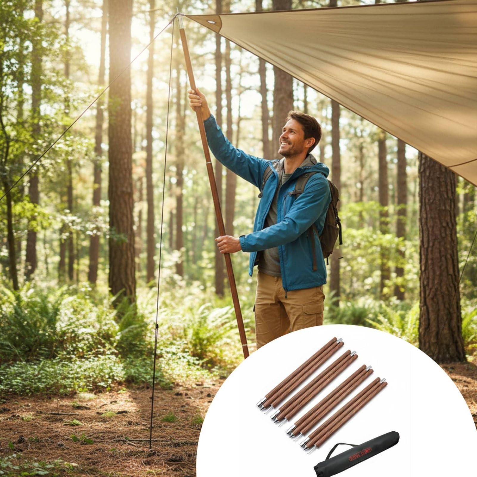 Zeltstange Vielseitige Aluminium Tarpstange Zeltgestänge Stützstange mit Edler Holzmaserung für Schnellen Aufbau für Campingausflug Terrasse Picknick Outdoor