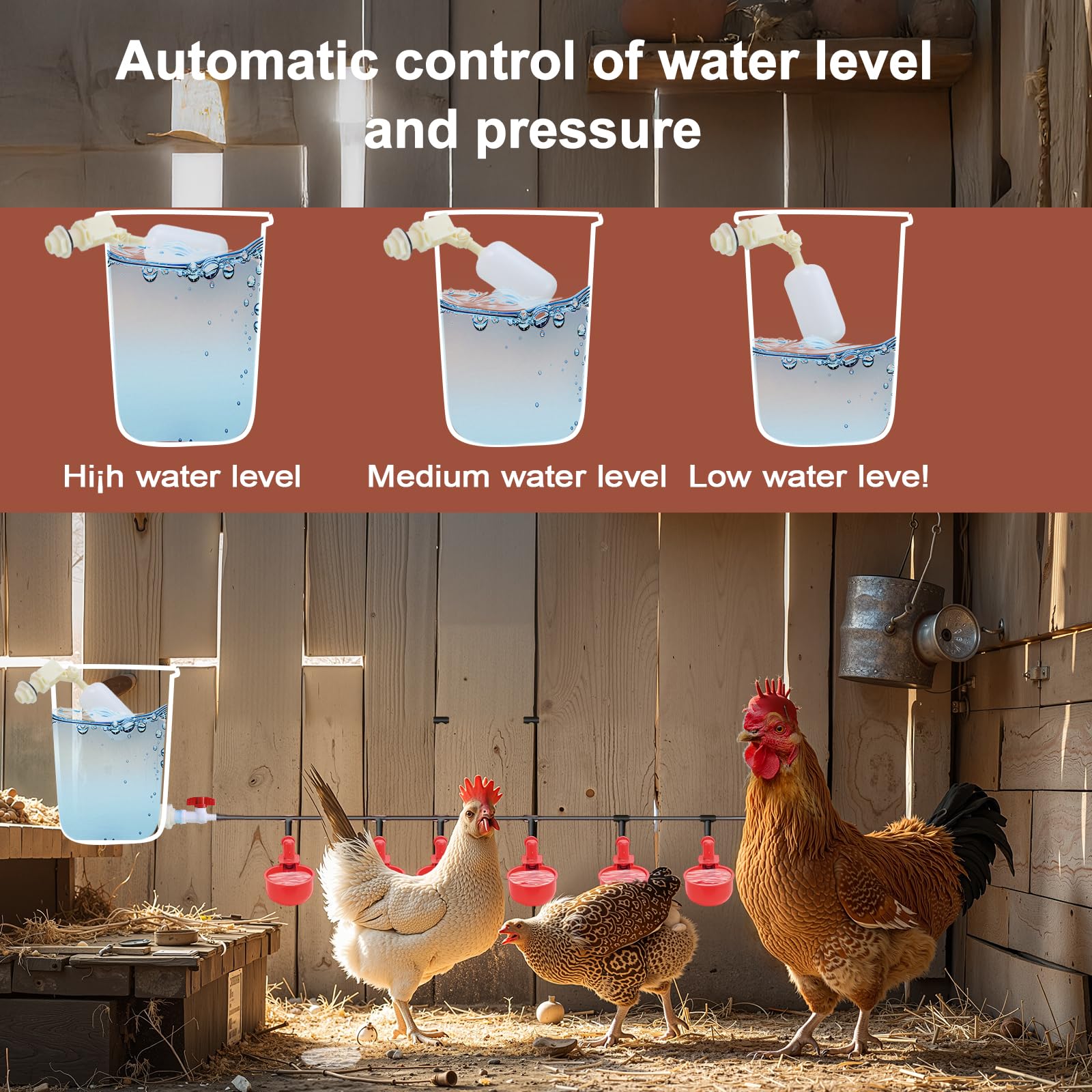Sistema automatico di abbeveraggio per polli, con 8 coppette abbeveratoio, tubo in plastica nera da 6 metri, altri accessori per tubi, valvola a galleggiante che eroga automaticamente l'acqua