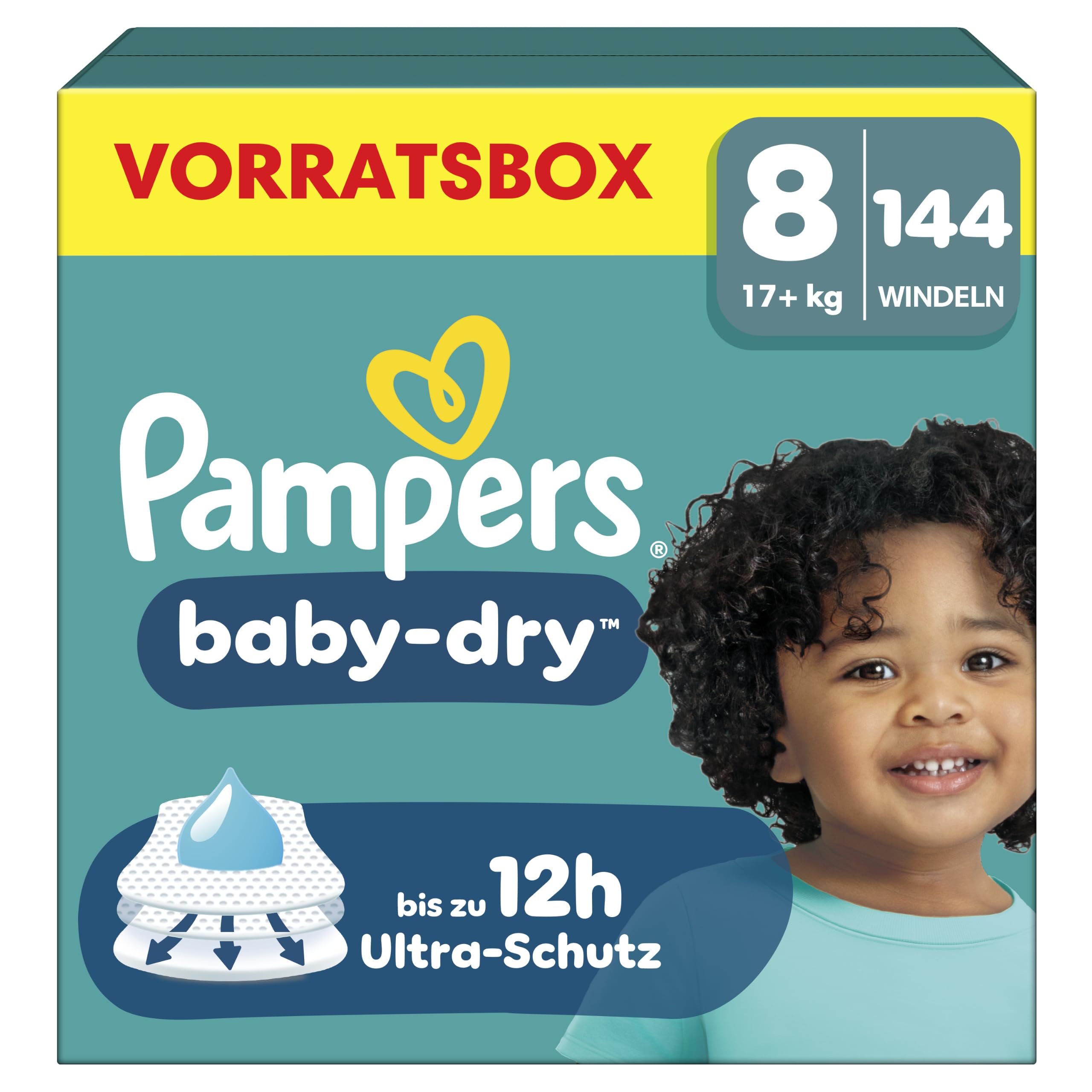 Pampers Baby-Dry Größe 8, 144 Windeln, 17kg+ | Bis zu 100% Auslaufschutz & Komfort die ganze Nacht