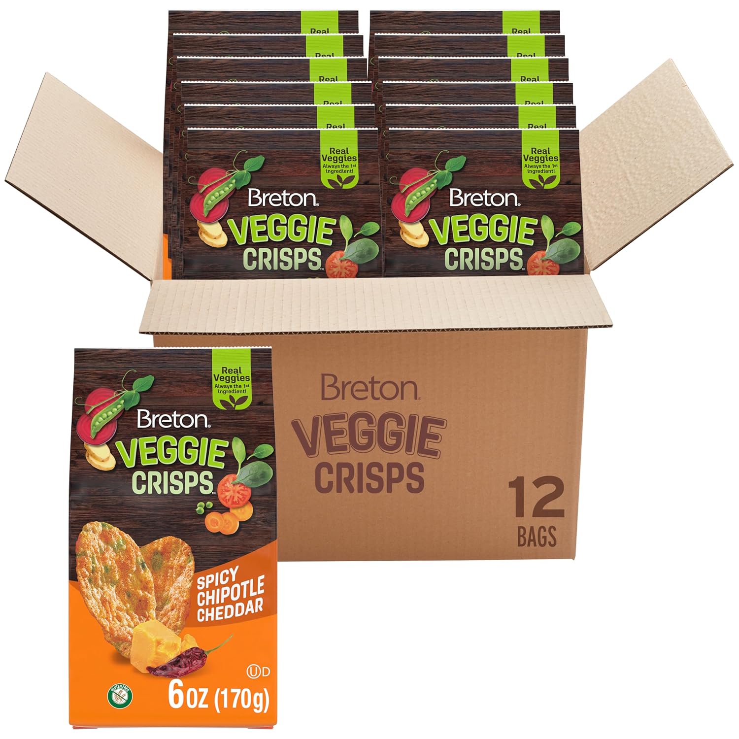 Breton Veggie Crisps Spicy Chipotle Cheddar (Pack of 12) - Popped not Fried Crisps, Made with Real Vegetables, Light and Crispy Gluten Free Chips, Snacks for School, Lunch Box and More, 12x6oz