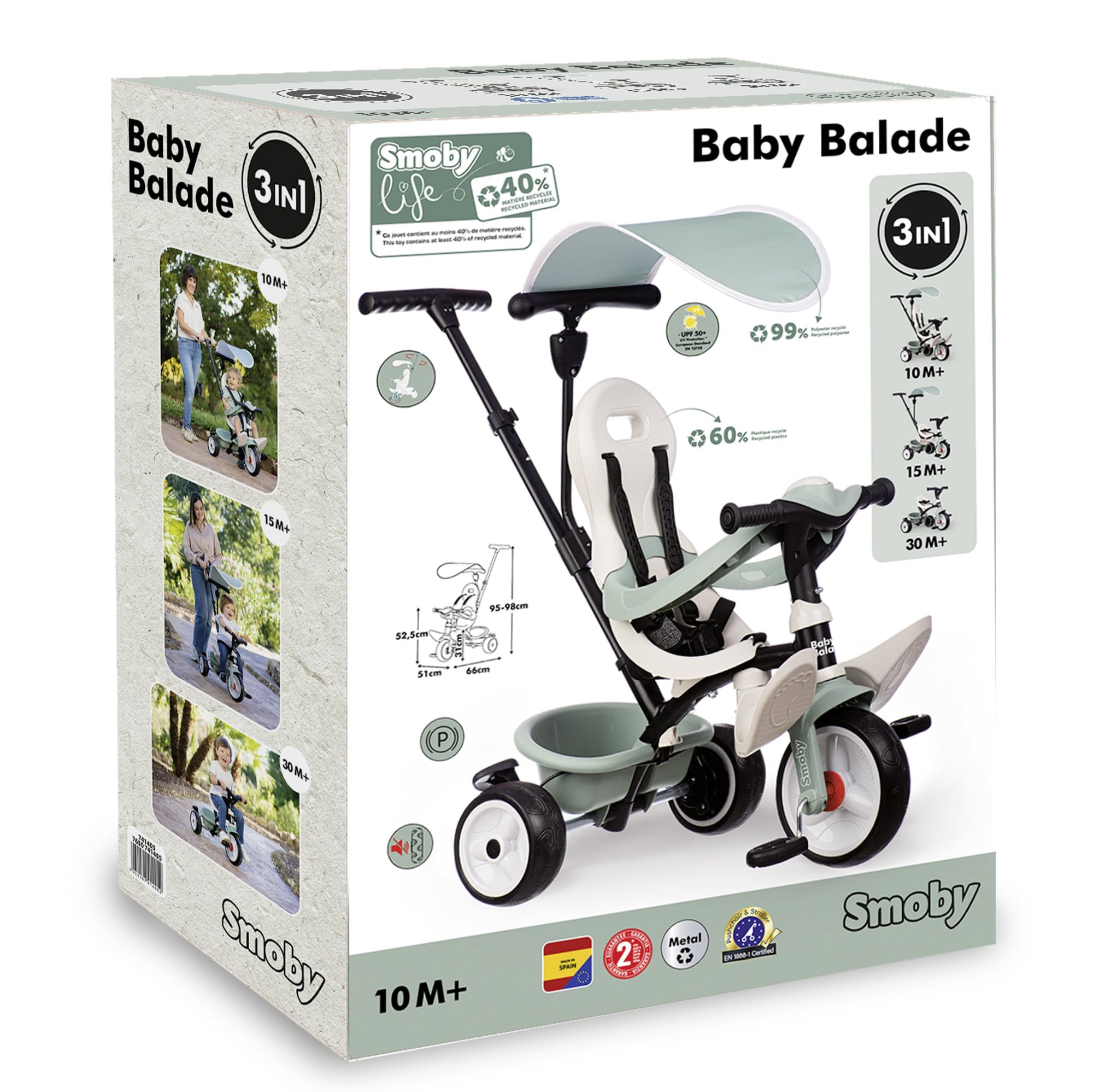 Smoby Life - Tricycle Baby Balade - Evolutif 3 en 1 - Poignée Parentale Réglable - Frein de Parking - Pare Soleil Anti-UV - Matière Recyclée - A Partir de 10 Mois Jusqu'à 3 Ans - Fabrication Espagnole