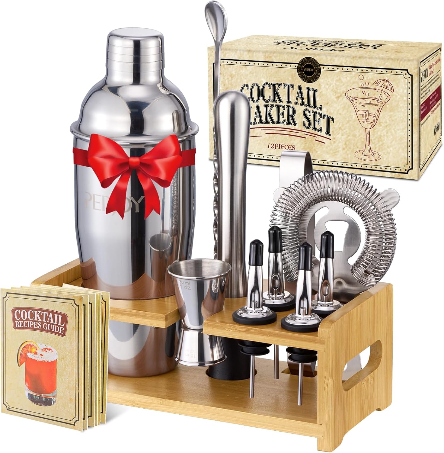 Cocktail Shaker Bartender Kit-12 Piece Cocktail Shaker Set with Stand, Stainless Steel Bar Set Tools Drink Mixer Set with Martini Shaker,Strainer,Jigger,Bar Spoon,Muddler, Gift for Men Dad&Him