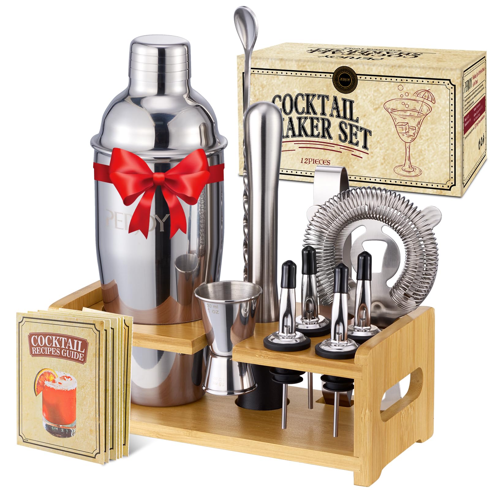 Pejoy Cocktail Shaker Bartender Kit - 12 Piece Stainless Steel Bar Set with Stand, Martini Shaker, Strainer, Jigger, Bar Spoon, Muddler