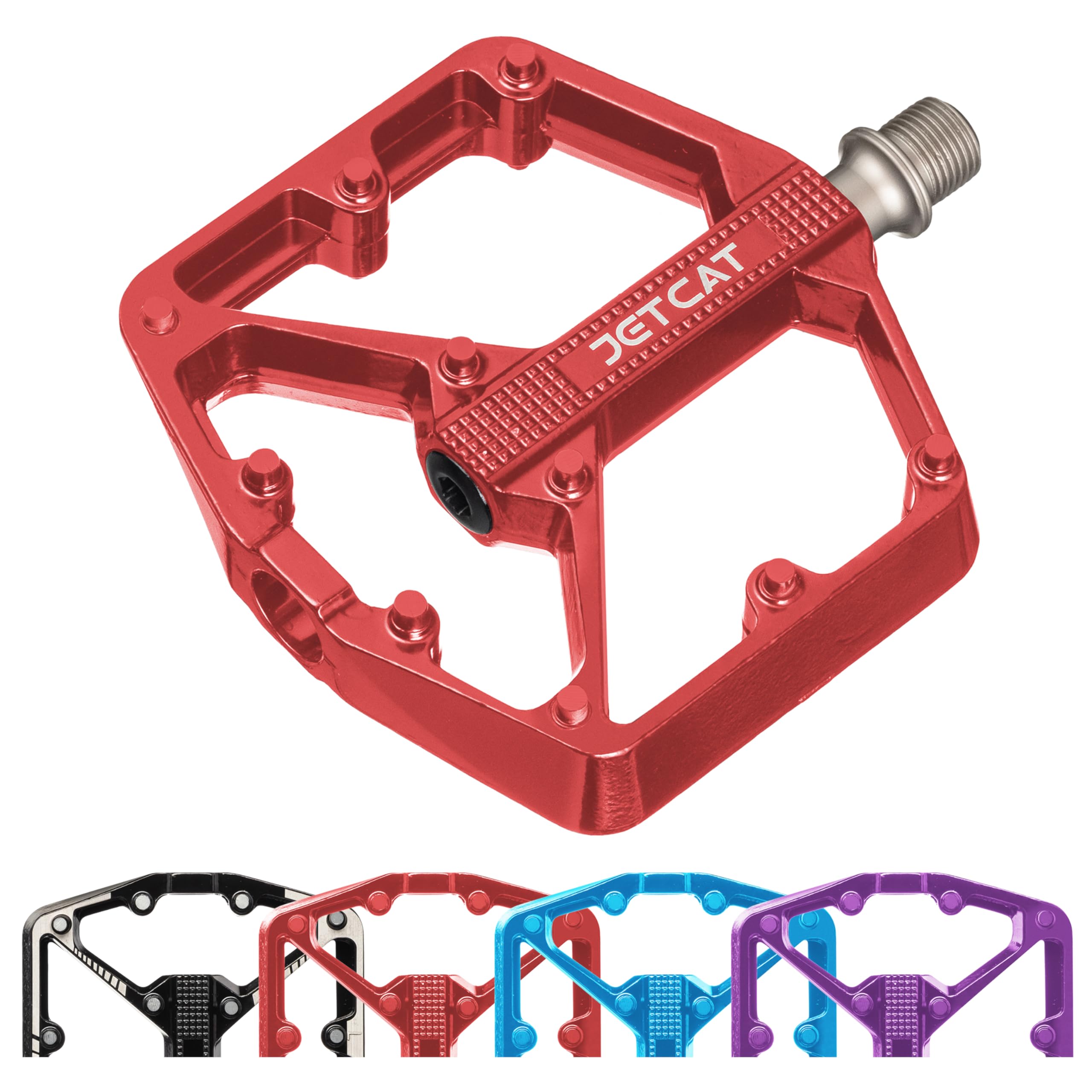 JETCAT Mountain Bike Pedals Flat - MTB Pedals Flat, Bicycle Pedals, Road Bike Pedals, BMX Pedals, for BMX MTN Road Gravel EBike, Specialized Parts, Adults, Aluminum Metal Stamp 9/16" Red