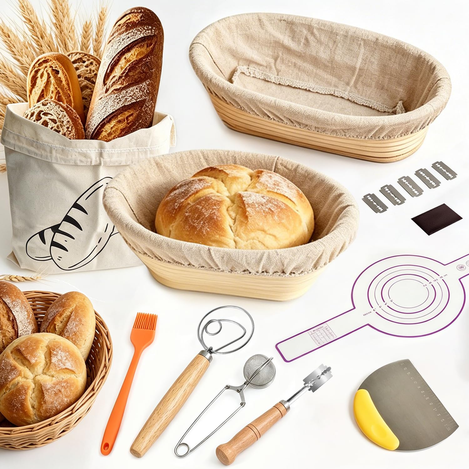 Sourdough Starter Kit, Bread Proofing Basket Set Round & Oval Silicone Proving Baskets, Bread Making Gift Set Kit with Liner, Dough Whisk, Scrapers & Brush for Beginner Bakers