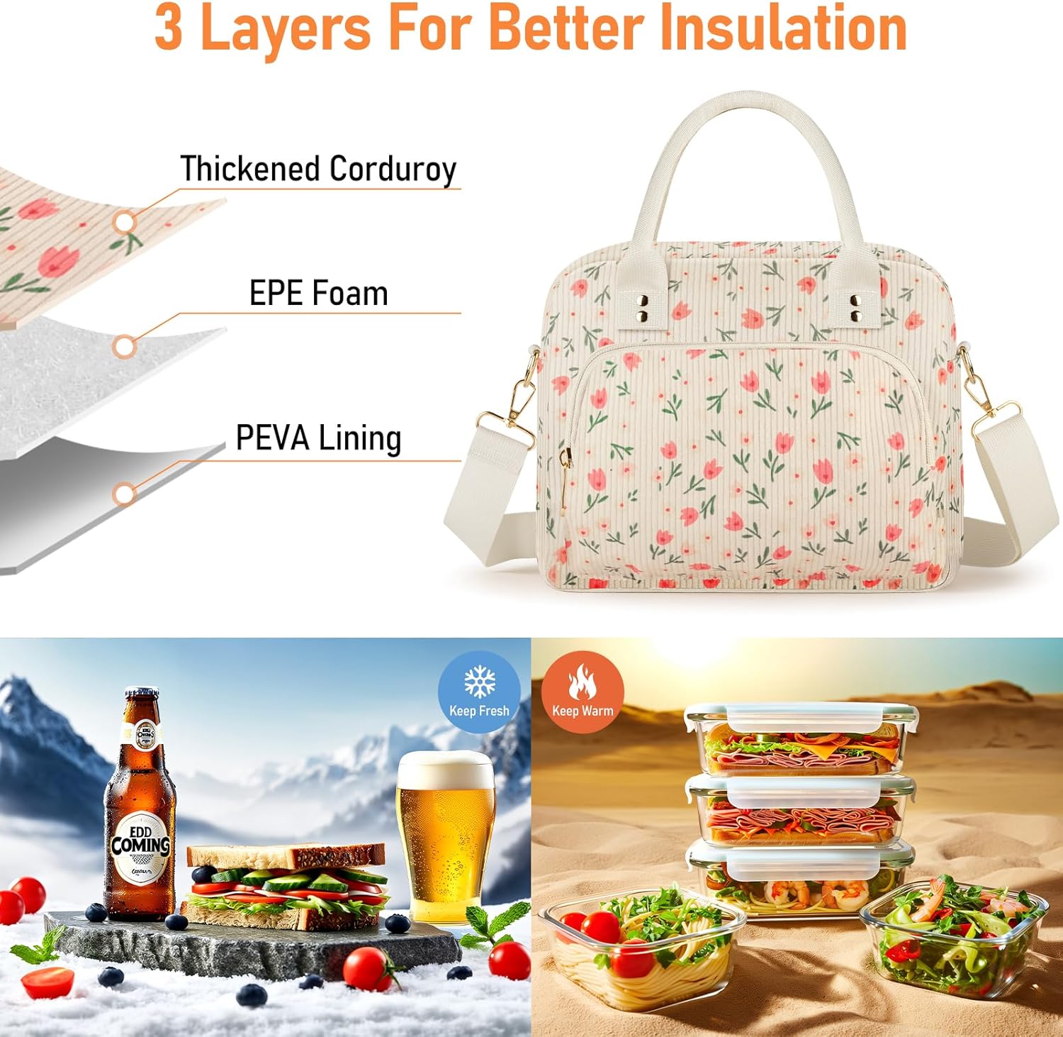 Lunch Bag Large Insulated Lunch Box for Women Men Adult Cute Pink Floral Lunchbox Corduroy Lunch Bags Boxes Pail with Shoulder Strap for Work Mom Picnic Office Travel 11.4×6.8×9.1 inches 11.5L Beige - Image 6