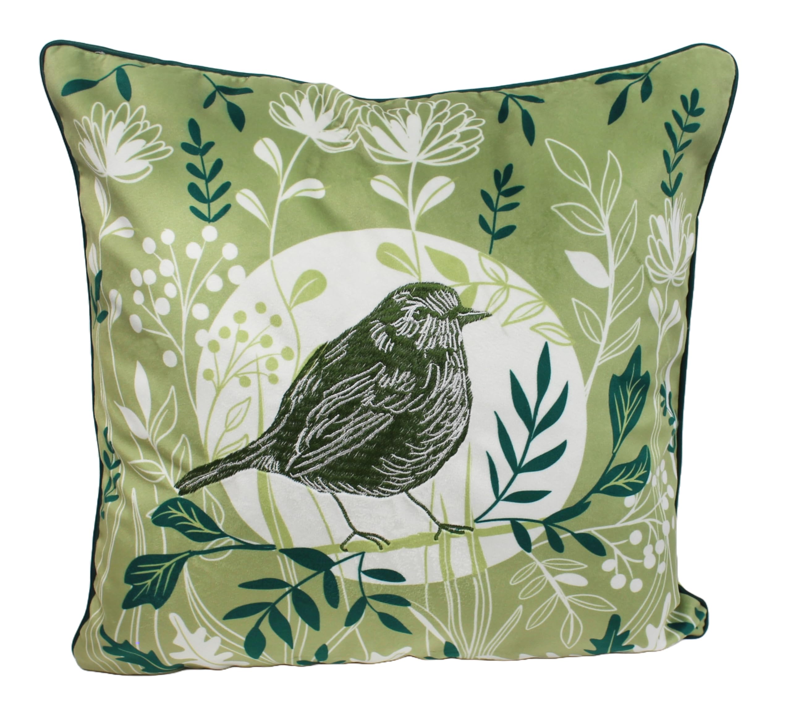Peggy Wilkins Meadow Bird Embroidered Cushion Nature Design – 45 x 45cm Velvet Decorative Throw Pillow with Zip Cover Green Home Decor