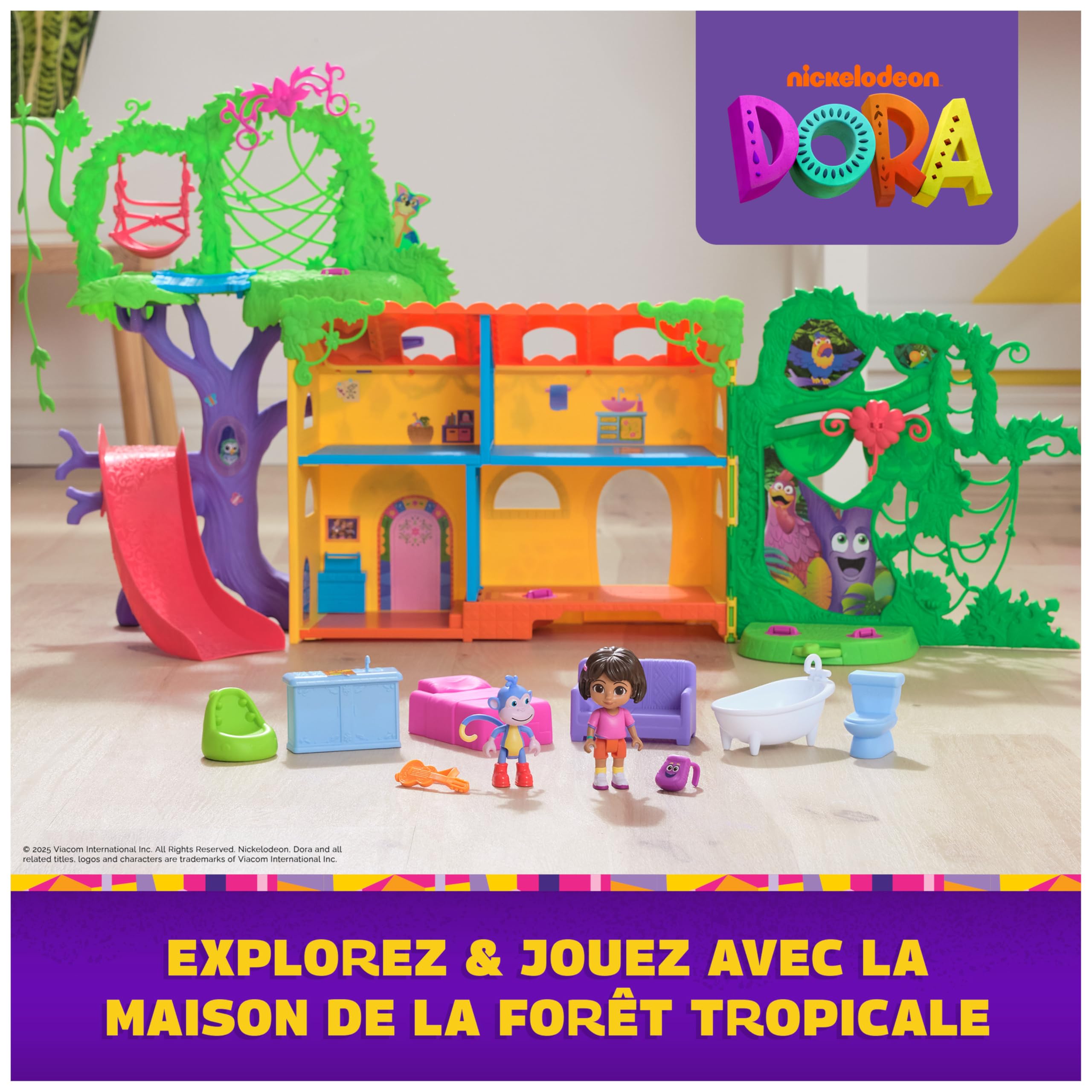 Dora - Maison Interactive De La Forêt Tropicale - 2 Figurines & 8 Accessoires - Musiques & Effets Sonores - Bilingue Français Anglais - Dessin Animé Jouet Maison De Poupée - Jouet Enfant 3 Ans Et +