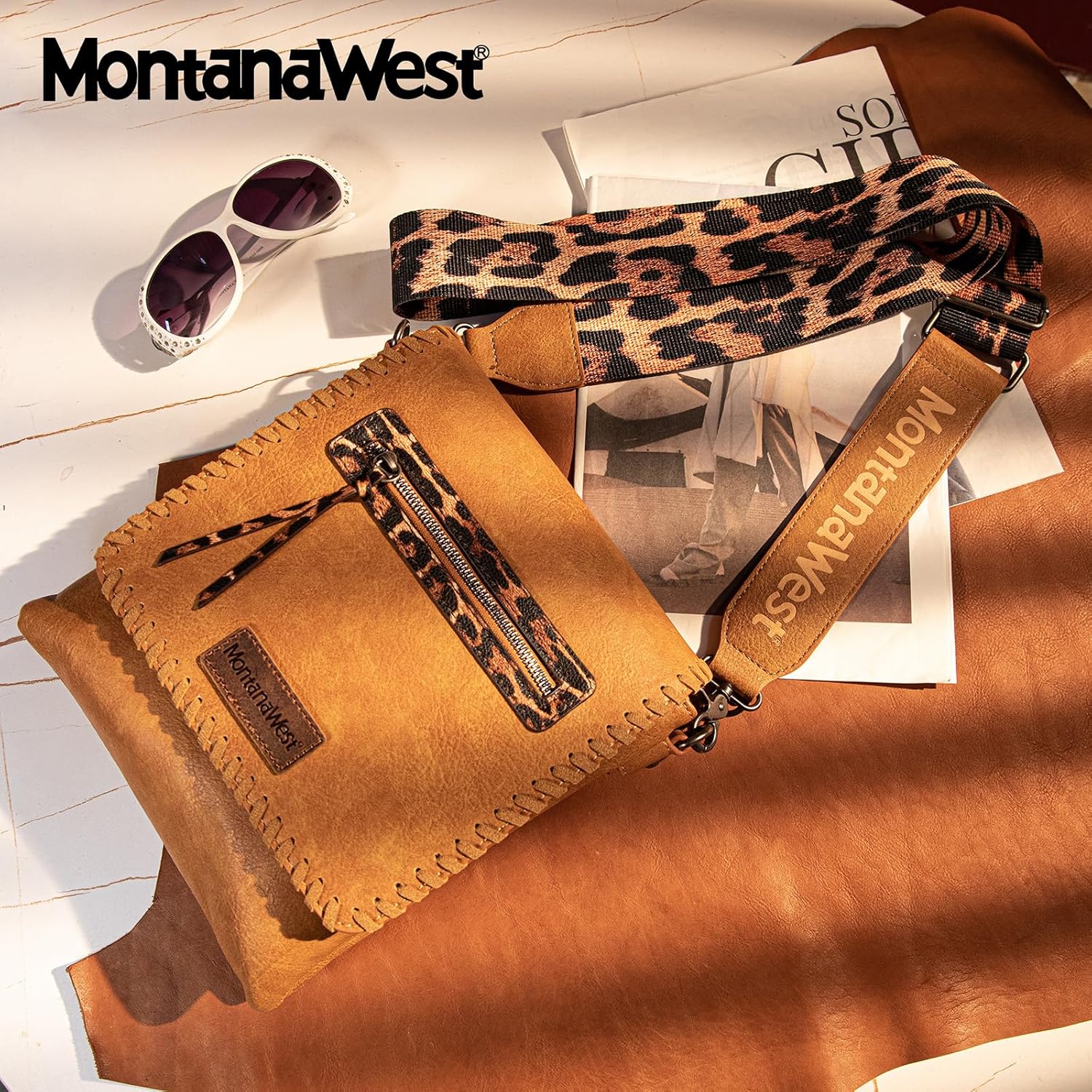 Montana West Crossbody Bags for Women with Dual Compartments Western Cross Body Purse with Leopard Print Guitar Strap - Image 6