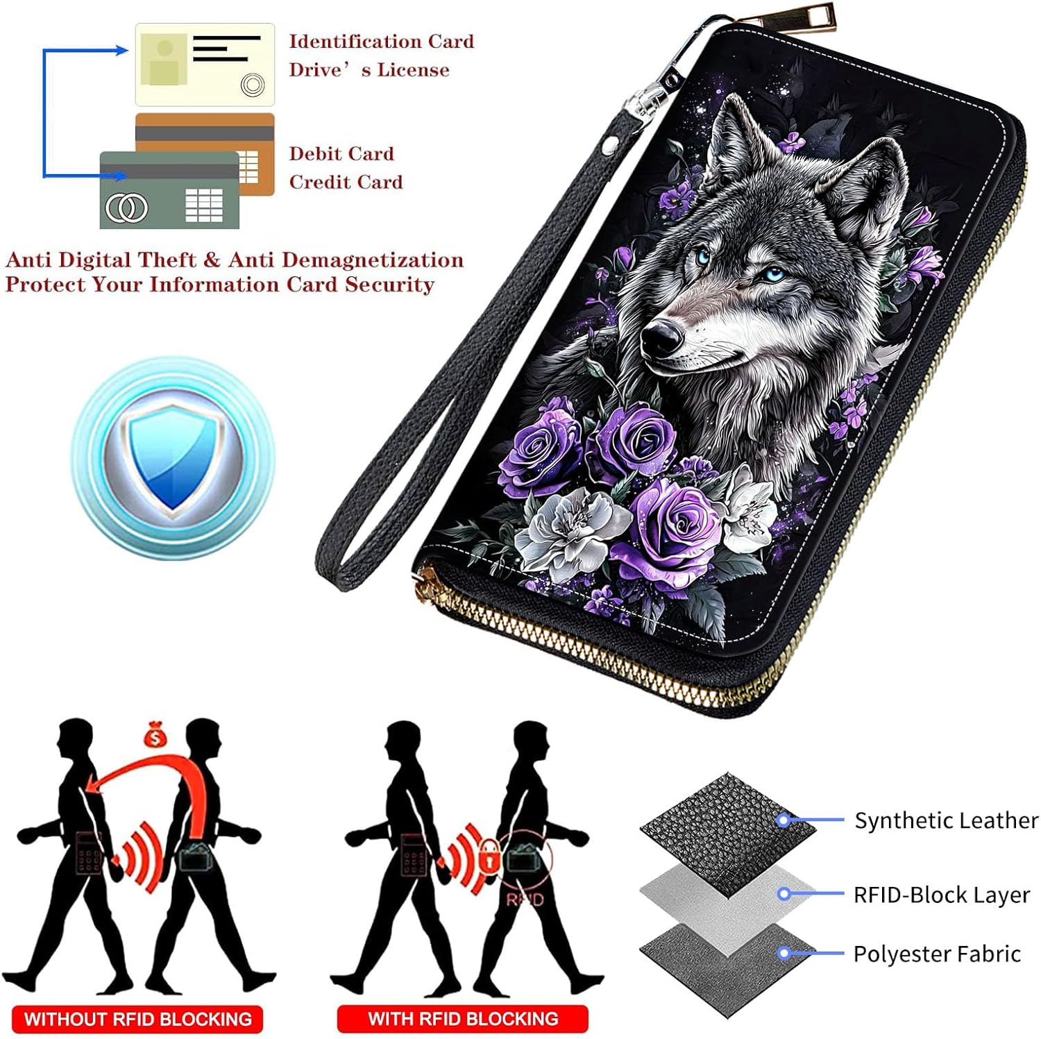 Wristlet Wallets for Women,Large Capacity RFID Blocking Leather Zip Around Travel Wallet Phone Purse Clutch Bag w/8 Cards Holder & Zip Inner Pocket-Wolf with Purple Flowers - Image 3