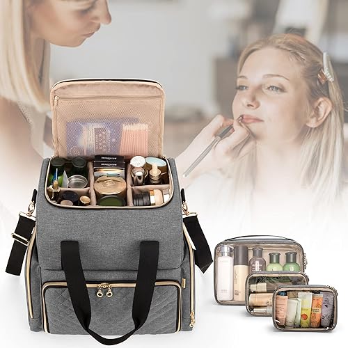 Miniatura 8 de LUXJA Bolsa de maquillaje de viaje grande con 3 estuches extraíbles, bolsa de cosméticos con divisores desmontables (patente pendiente), gris