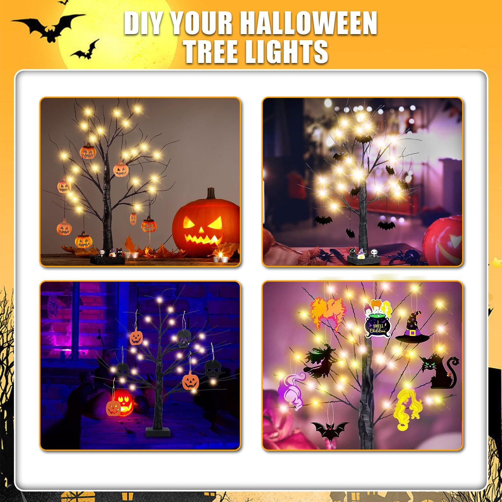 Sapin de table lumineux pour Halloween, arbre de table artificiel noir à paillettes avec 24 LED oranges, alimentation par piles, décoration d'Halloween d'intérieur et d'extérieur