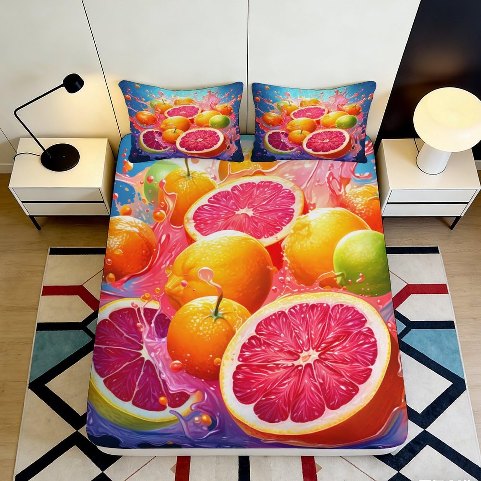3D Printed Citrus Fruit Fitted Sheet Microfiber Soft Breathable Grapefruit Splash Bed Cover for Bedroom Dormitory Guest Room Mattress Protection Decor 140x200x25cm
