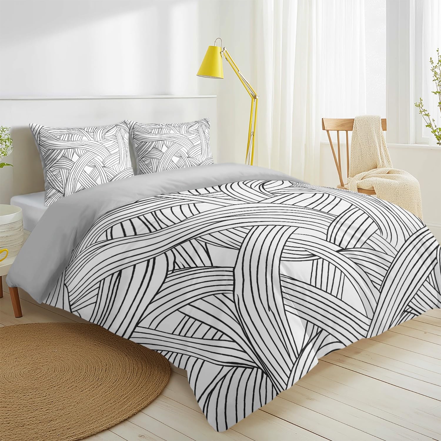 Generisch 3-częściowy komplet pościeli 220 x 240 cm, splecione linie dla dorosłych i dzieci, czarno-biała, minimalistyczna, miękka poszewka z mikrofibry z zamkiem błyskawicznym, nie gniecie się