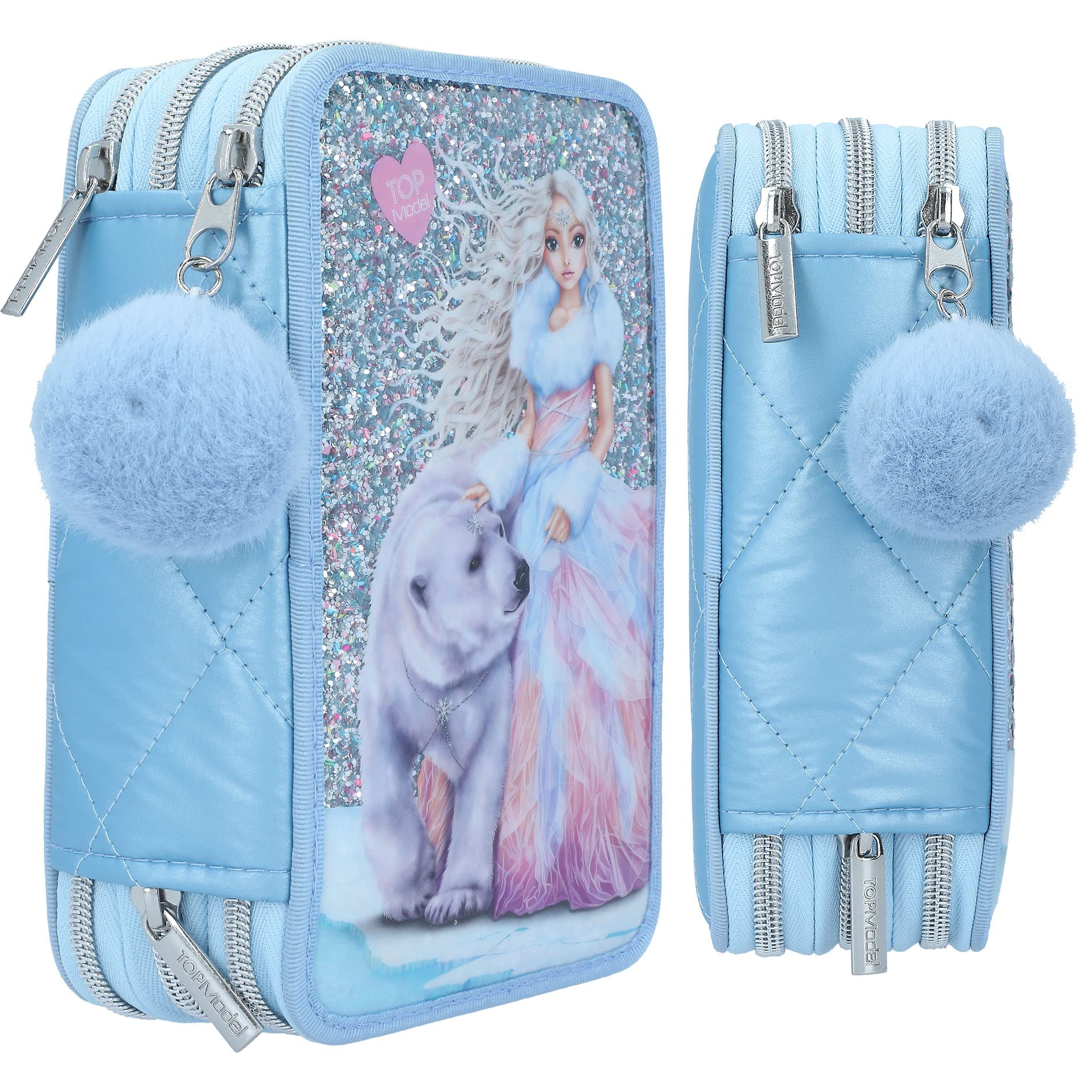Depesche 11988 TOPModel Iceworld - Gefüllte 3-Fach Federtasche mit Glitzer, Model-Motiv und Eisbär, Federmäppchen in Hellblau mit Buntstiften, Lineal, Schere uvm.
