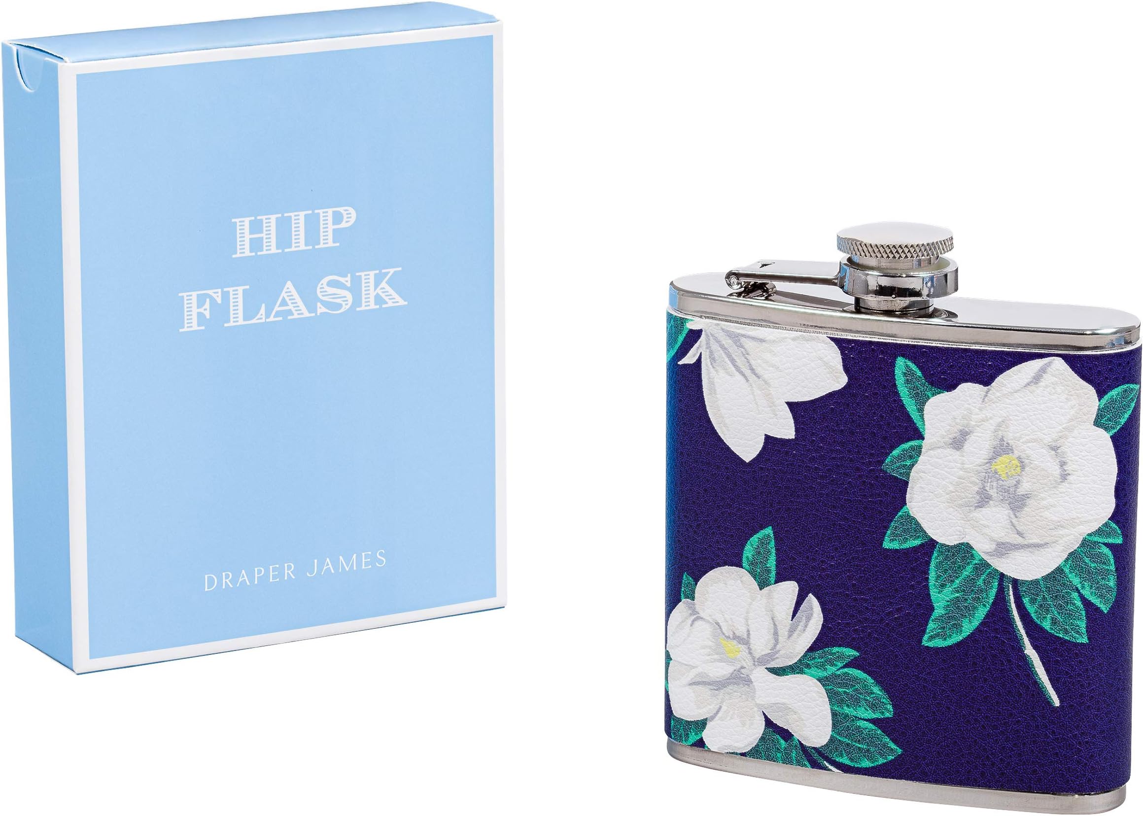 Draper James Double Walled Stainess Steel Magnoia Hip Flask with Safety Catch Lid, One, Navy