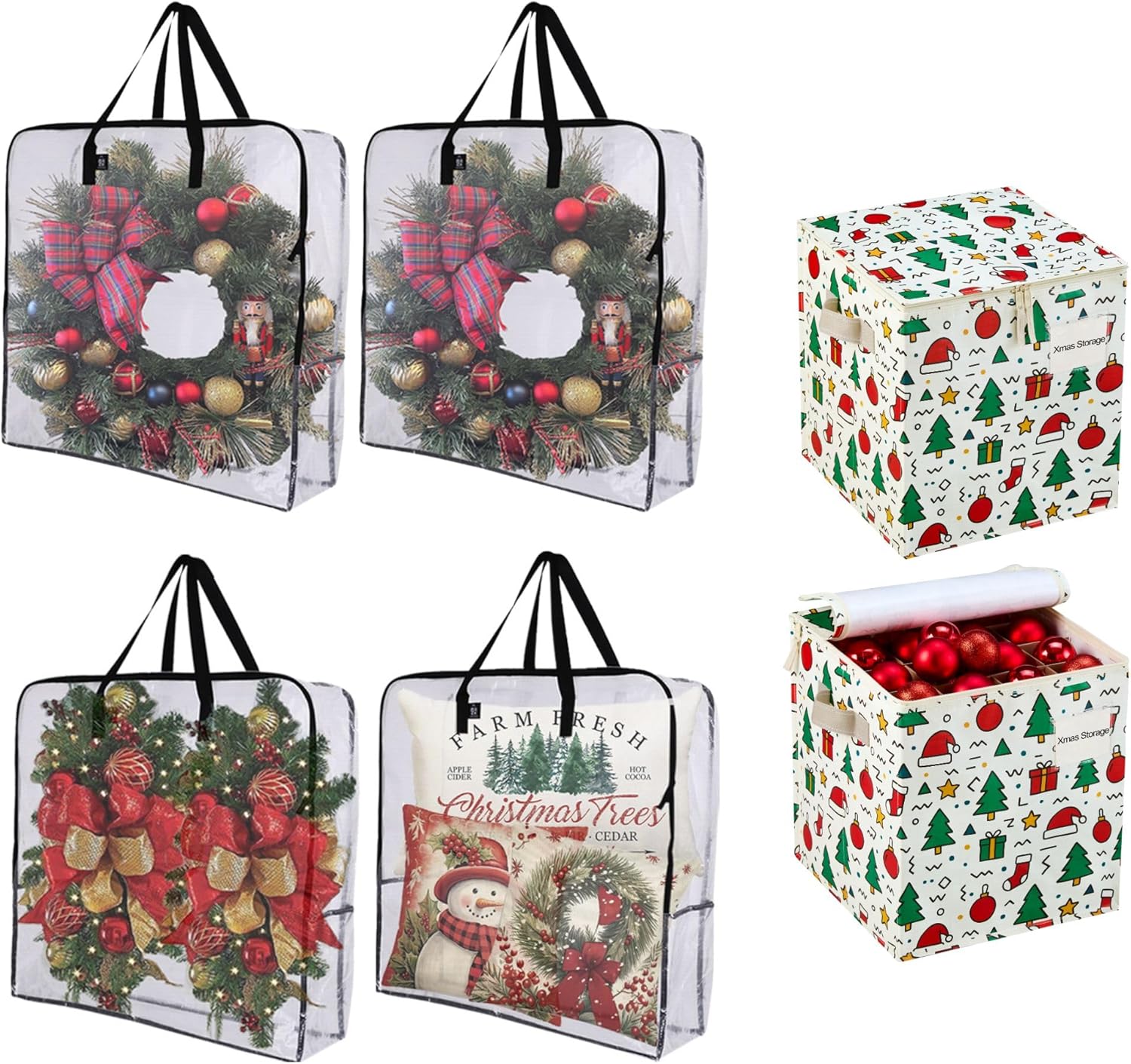 VENO 6 Pack Christmas Decoration Storage Bundle (4 Pack Wreath Storage Bag Garland Container+ 2 Holiday Ornament Storage Boxes)