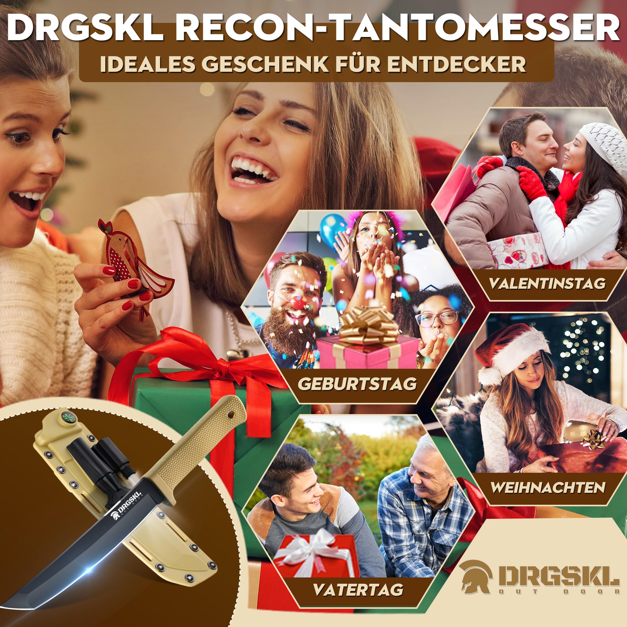 DRGSKL Recon Coltello Tanto Coltello Da Caccia Da Giungla Affilato Con Fodero in Kydex Coltello Da Esterno per Campeggio, Escursionismo Regali Di Natale per Uomini Giallo
