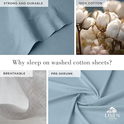 Miniatura 4 de Linen Home Juego de sábanas de percal de algodón lavado, color azul bebé, bolsillo profundo, 4 piezas, 1 sábana encimera, 1 sábana bajera y 2 fundas