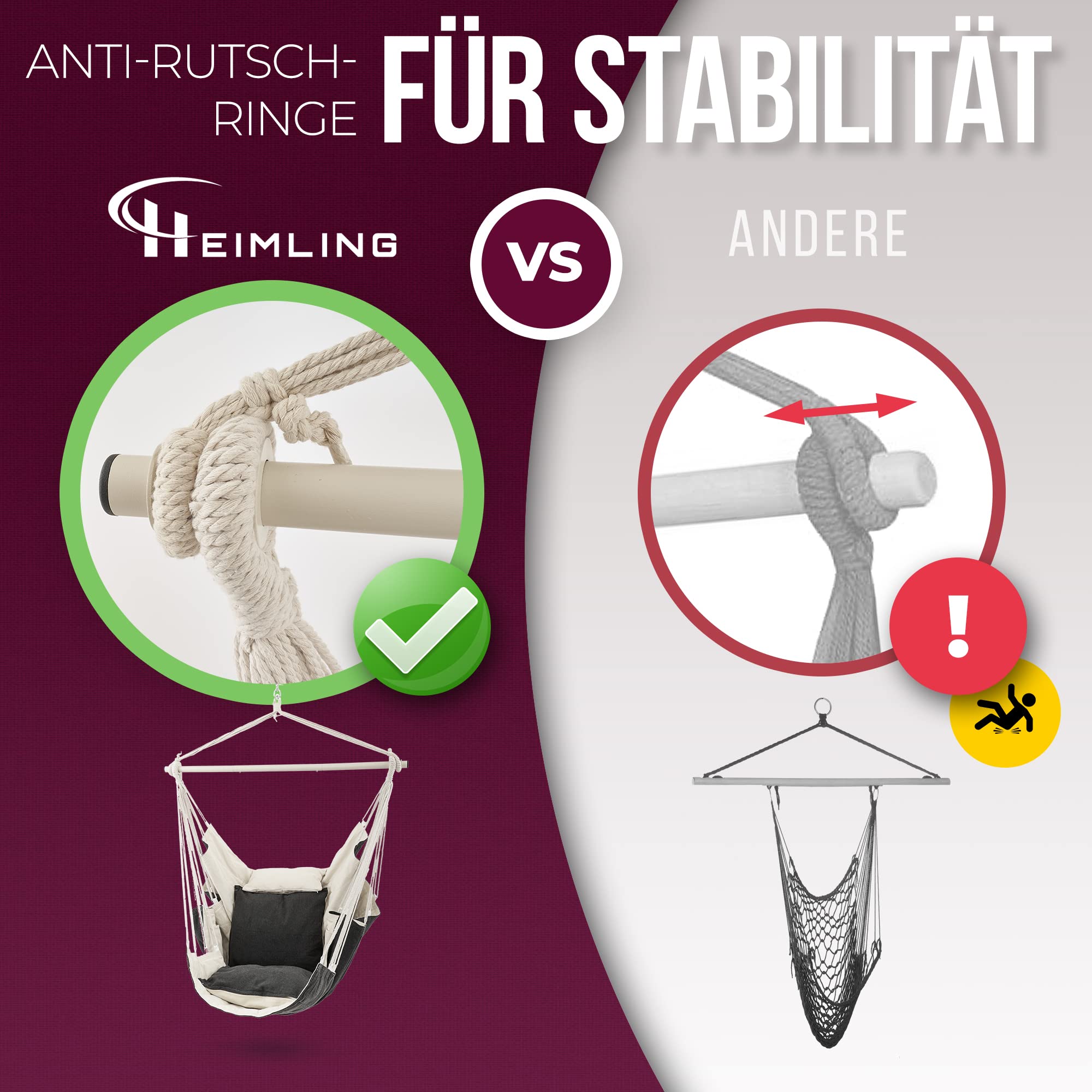 Heimling Fauteuil suspendu XXL haut de gamme pour intérieur et extérieur Paquet tout compris avec suspension + 3 coussins Salon, chambre à coucher