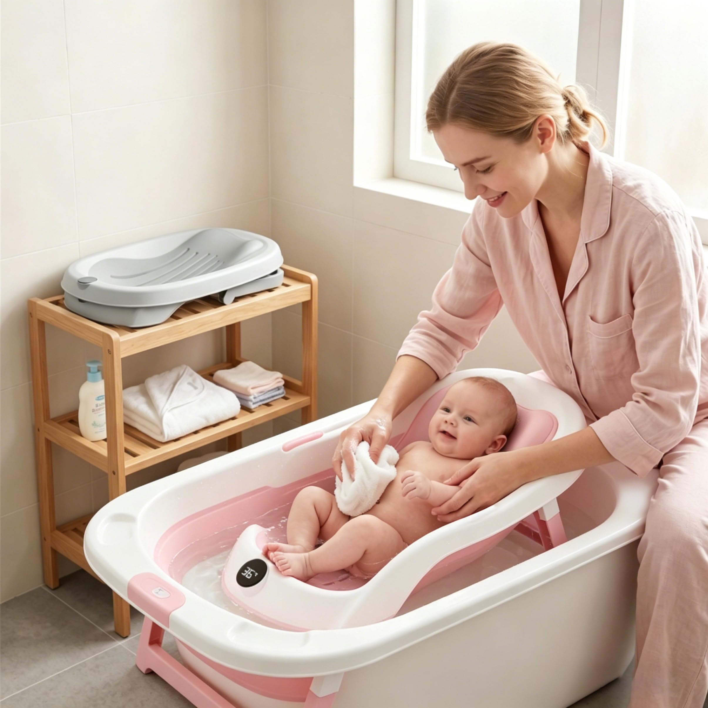 Soporte de baño para bebé, bañera para bebé con pantalla Digital de temperatura y drenaje, asiento plegable antideslizante para bañera para recién nacido, estilo-1.