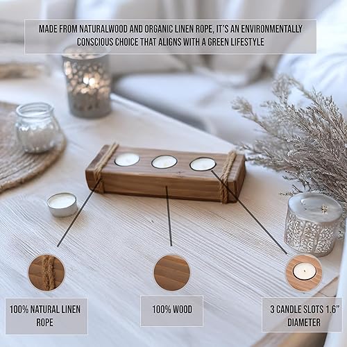 Miniatura 3 de Portavelas de madera - Portavelas rústico - Decoración de mesa de granja de madera fresca - Bandeja portavelas de 3 velas de té - Lindos portavelas