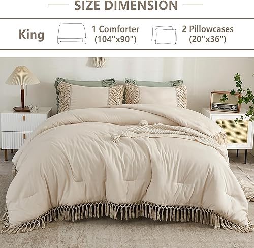 Miniatura 5 de Andency - Juego de edredón tamaño King color beige, 3 piezas con borlas estilo boho, edredón ligero y suave para cama King, juego de ropa de cama