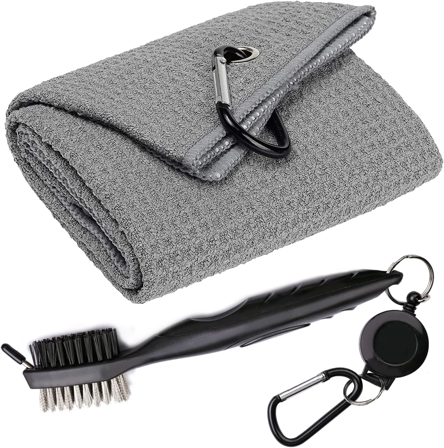 Aebor Golf Towels, Microfiber Waffle Pattern Tri-fold Golf Towel - Brush Tool Kit with Club Groove Cleaner, with Clip Men Women Golf Gifts (Gray)