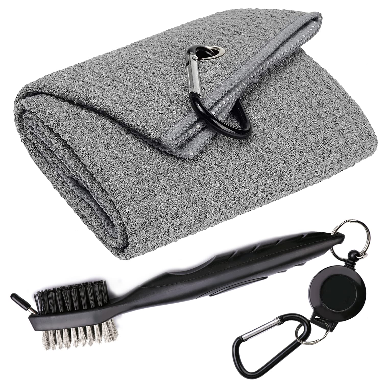Aebor Golf Towels, Microfiber Waffle Pattern Tri-fold Golf Towel - Brush Tool Kit with Club Groove Cleaner, with Clip Men Women Golf Gifts (Gray)