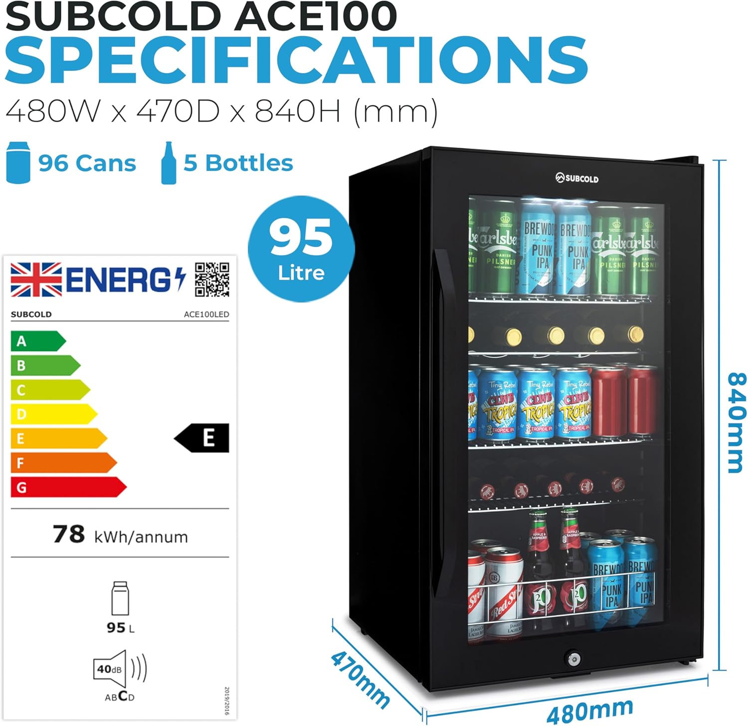 Close-up of the digital touch control panel and LED light inside the Subcold ACE100 fridge