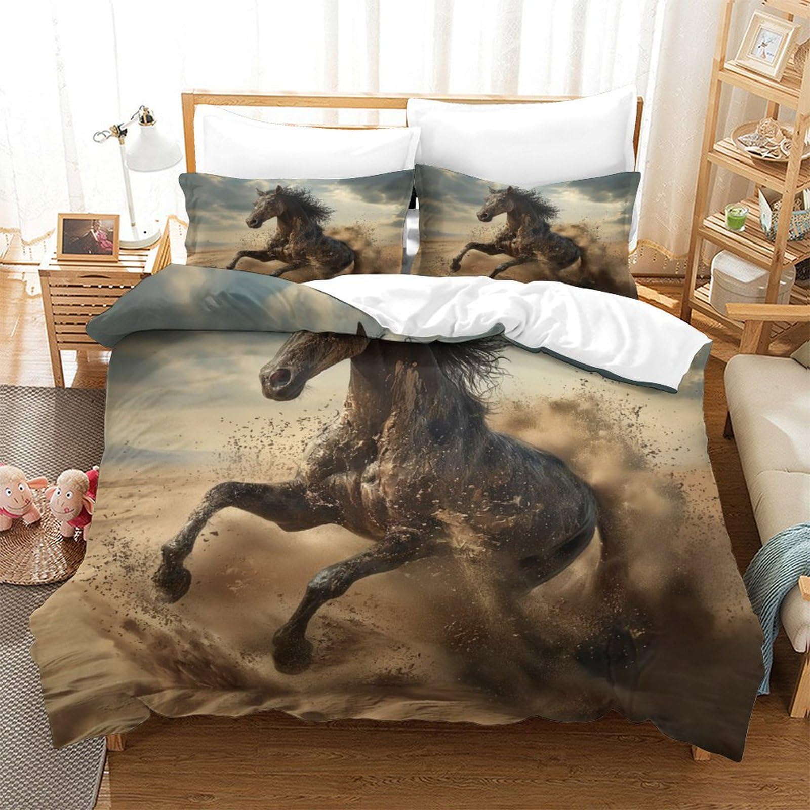 P1S9U7W5Y Dynamic Horse 3D Printed Duvet Cover Set 3pcs Microfiber Wild Horse Bedding Set Super king（260x220cm）