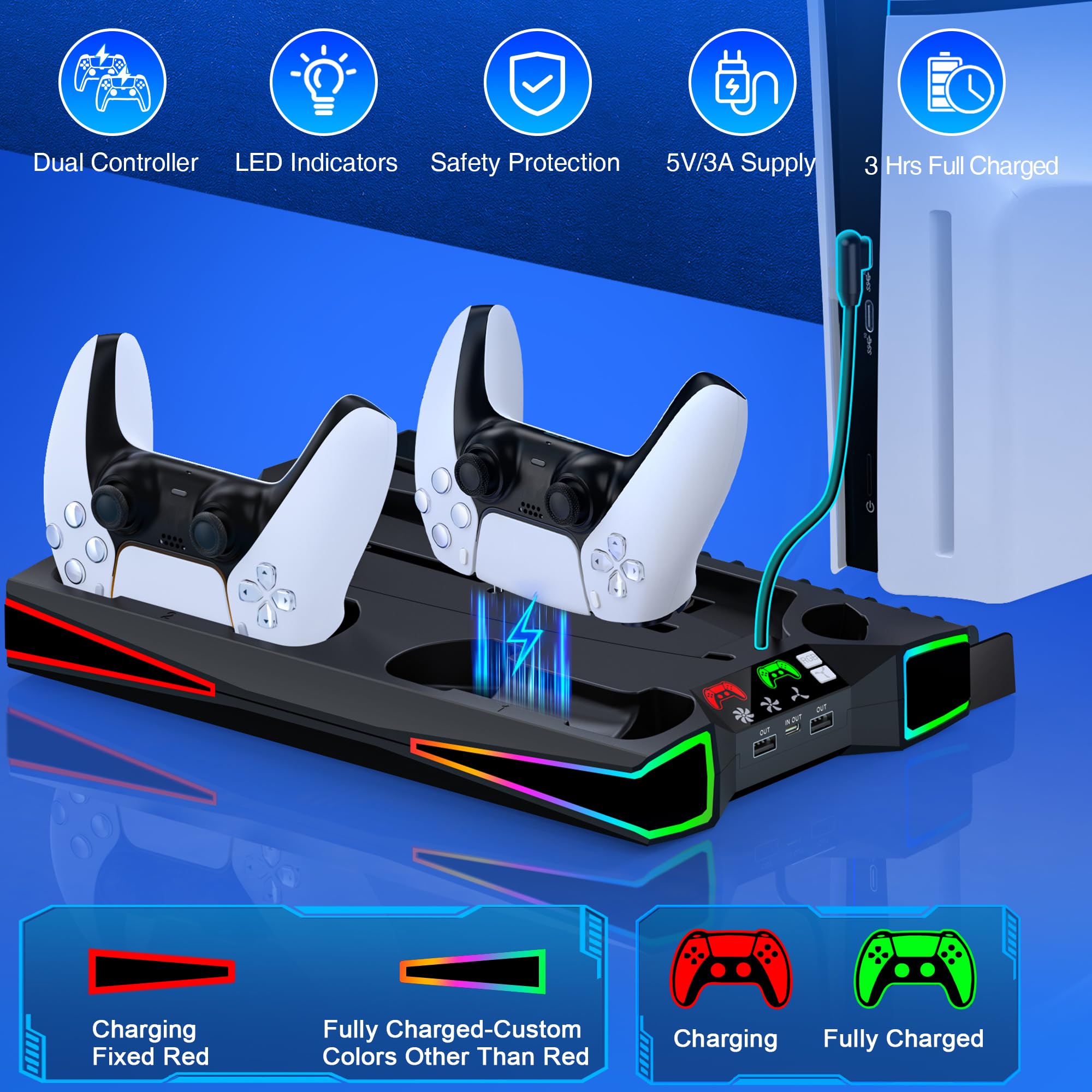 Supporto PS5 con ventola regolabile automaticamente a 3 livelli per controller PS5, stazione di ricarica/gancio per cuffie, PS5 Slim Base accessori con effetti di luce RGB per PS5 Slim Disc & console