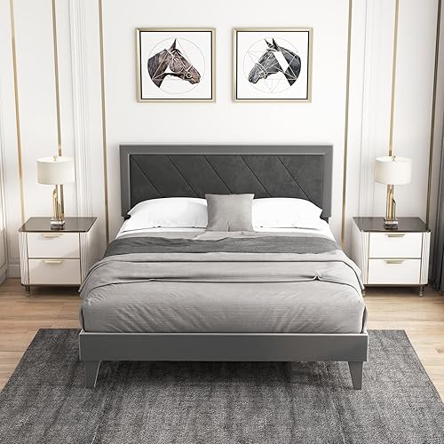 Miniatura 1 de Giantex Base de cama de terciopelo tamaño Queen con cabecero, moderna plataforma tapizada, base de colchón con 12 listones de madera fuertes, no