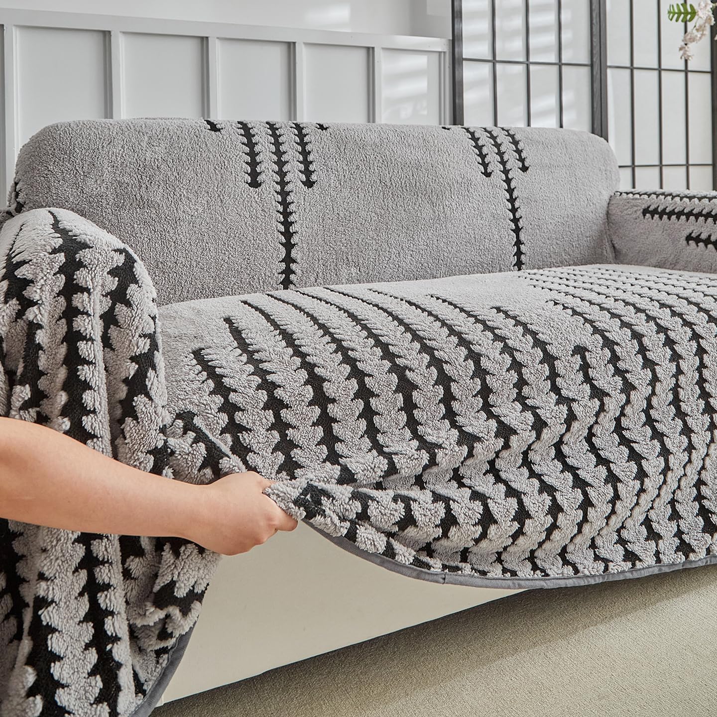 Flannel Boho Sofa Covers Winter Couch 3 Cushion Covers for Couch Sofa Pet Friendly Soft Warm Non Slip Fleece Living Room Loveseat Cover - Washable and Easy Care Furniture Protector 91"x134" Gray