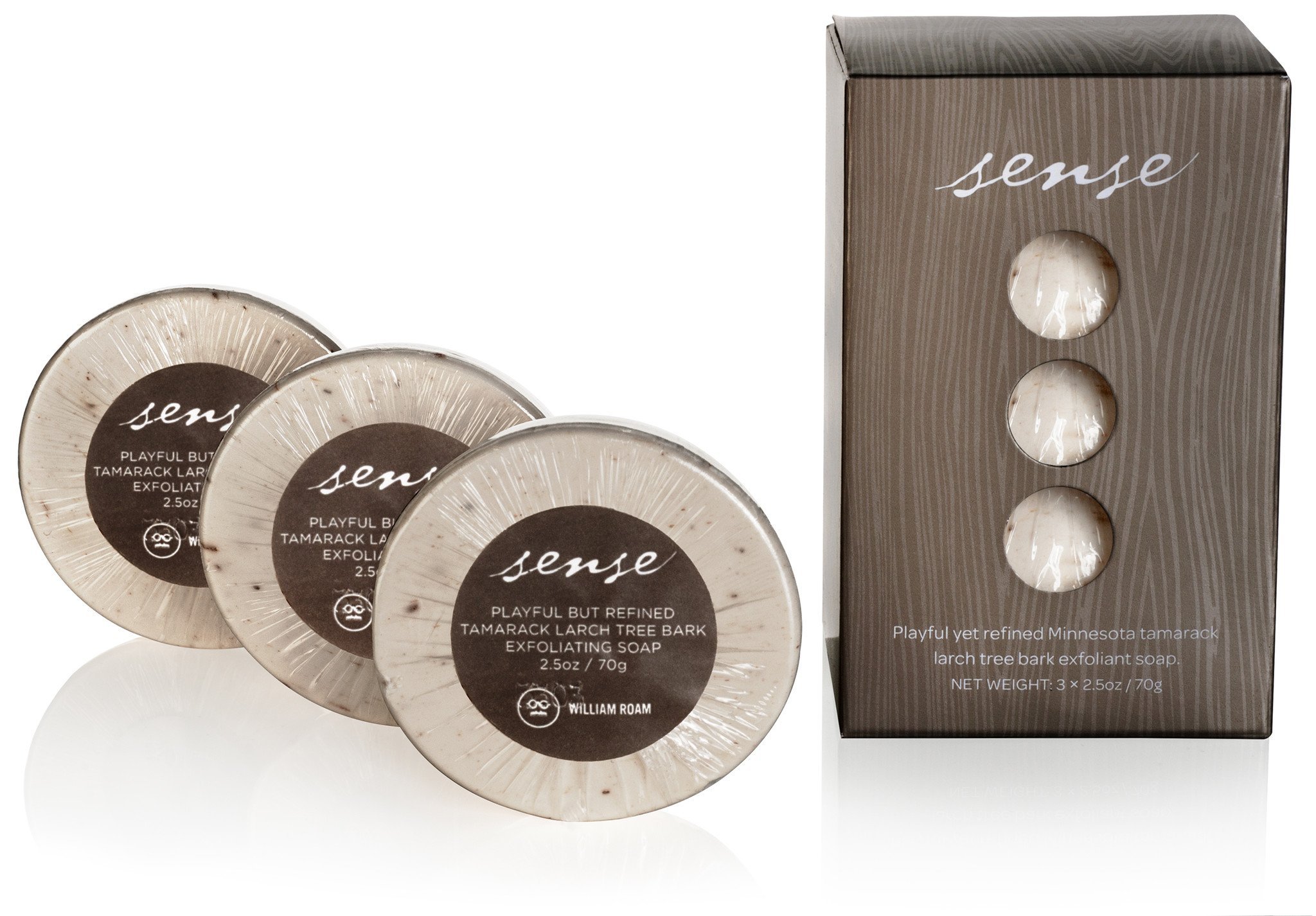 William Roam SENSE 3 Piece Exfoliating Soap Bar Set – Vegan, Cruelty-free American-made – Minnesota Tamarack Larch Tree Exfoliant, Aloe Vera – For All Skin Types, 2.5oz each