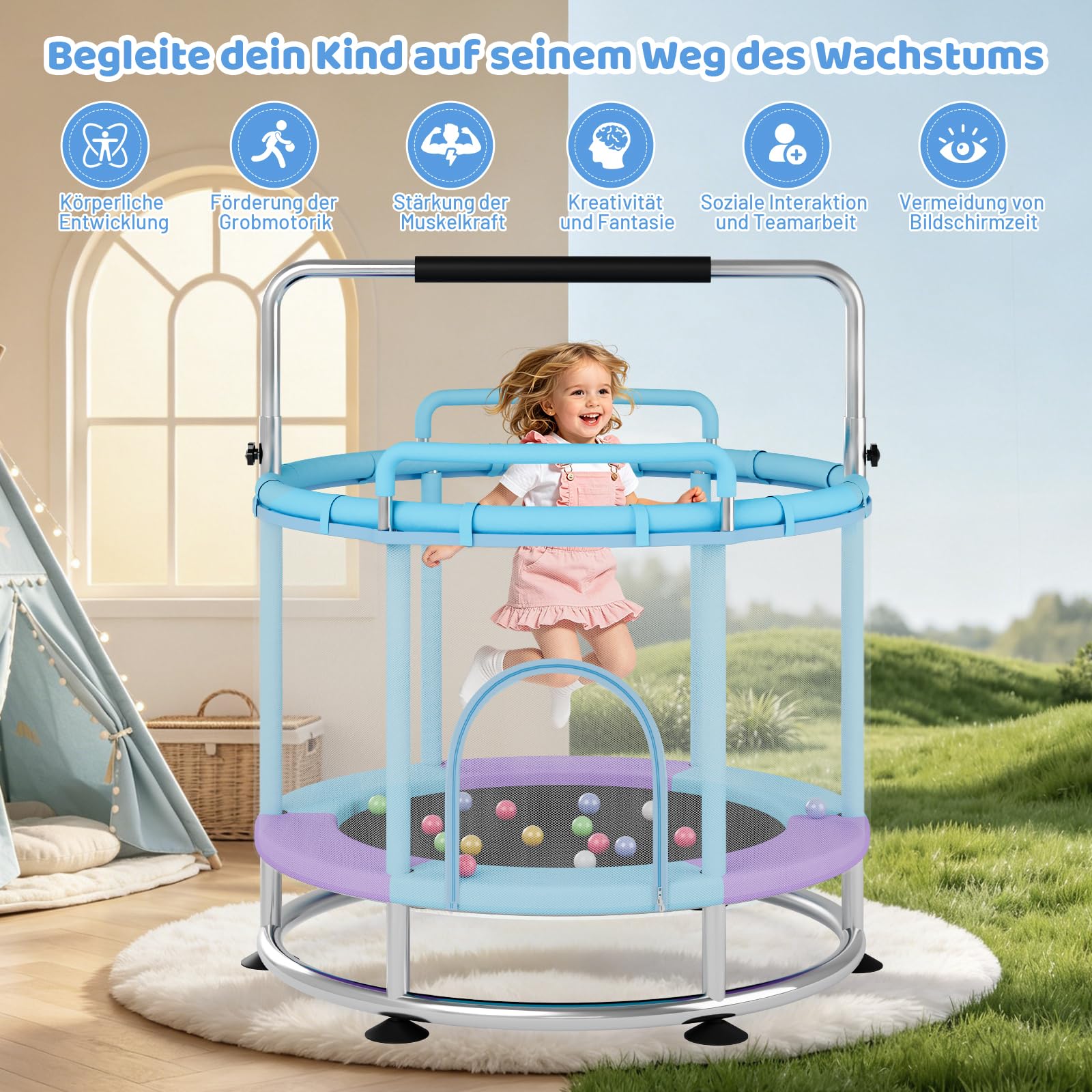 Trampolino per bambini, 150 cm, trampolino per bambini, per interni fino a 250 kg, asta regolabile in 3 posizioni, rete di sicurezza, base antiscivolo, altalena, sacco di sabbia