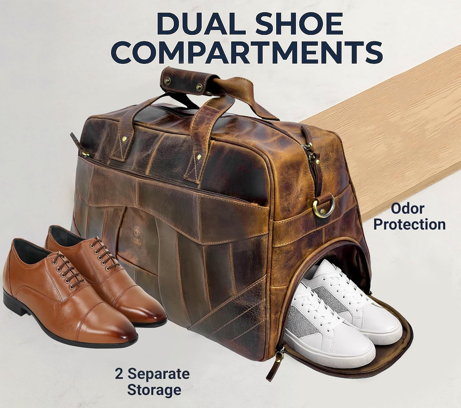 Leather Duffle Bags for Men - Handmade Full Grain Leather Weekender Bag with 2 Shoe Compartment, Underseat Carry On Travel Luggage - Image 2