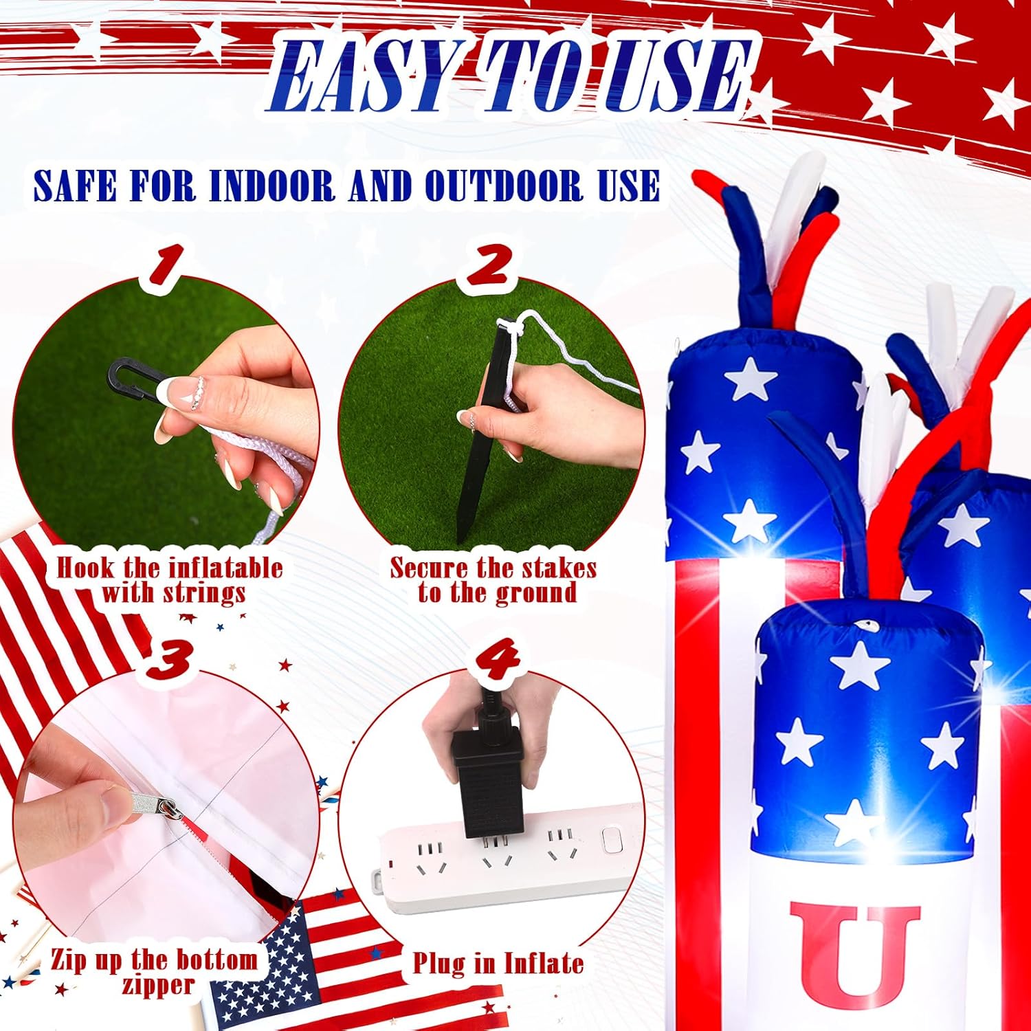 VIHOSE 4 ft 4th of July Inflatables Decoration 250th Birthday Patriotic Blow up Firecracker Independence Inflatable with Build-in LED for Party Indoor Outdoor Lawn Garden Decor