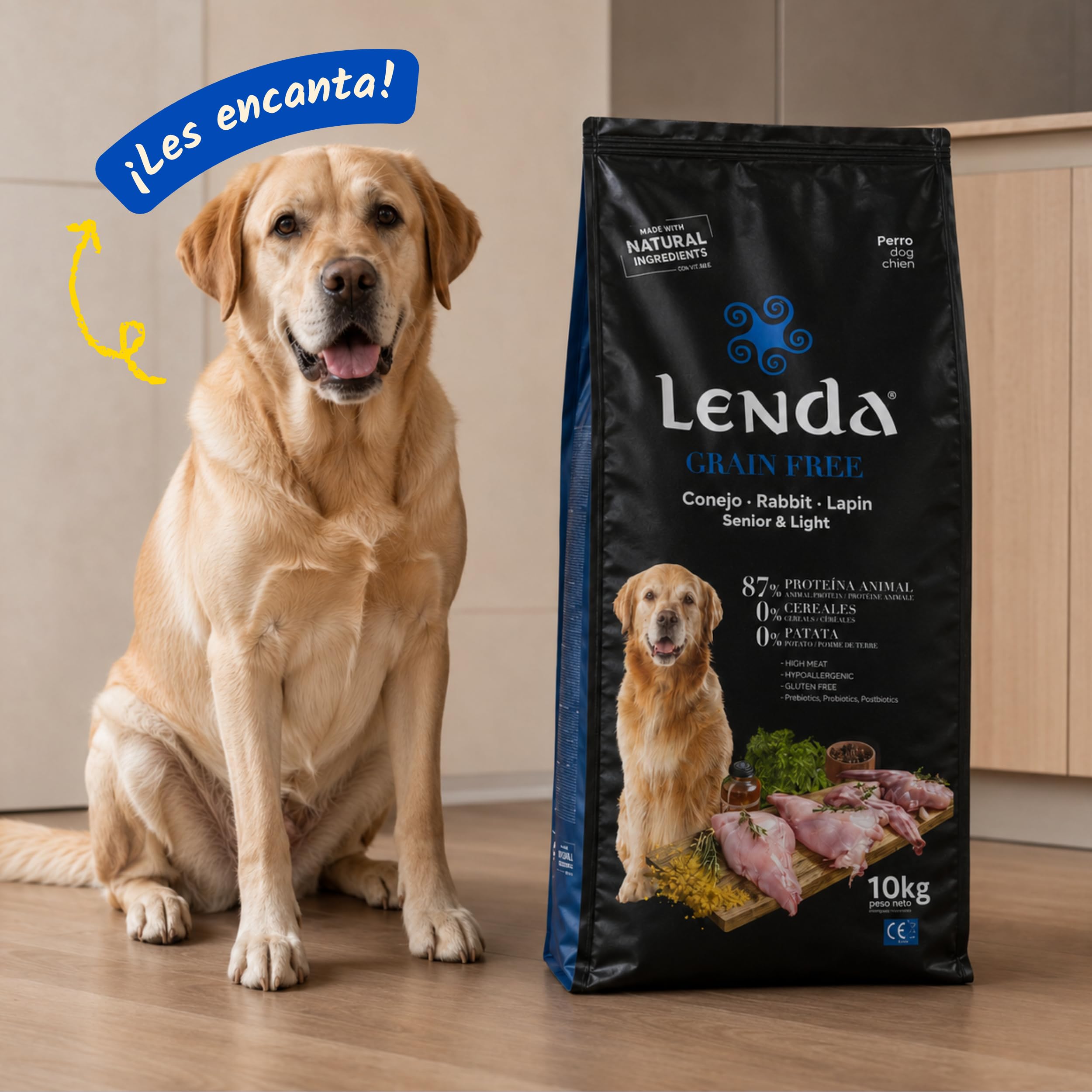 Lenda Grain Free Light y Senior 10kg - Pienso Hipoalergenico para Perro Bajo en Grasa Sin Cereales - Pienso sin Grano para Digestion Sensible - con Probioticos y Condroprotectores para Articulaciones