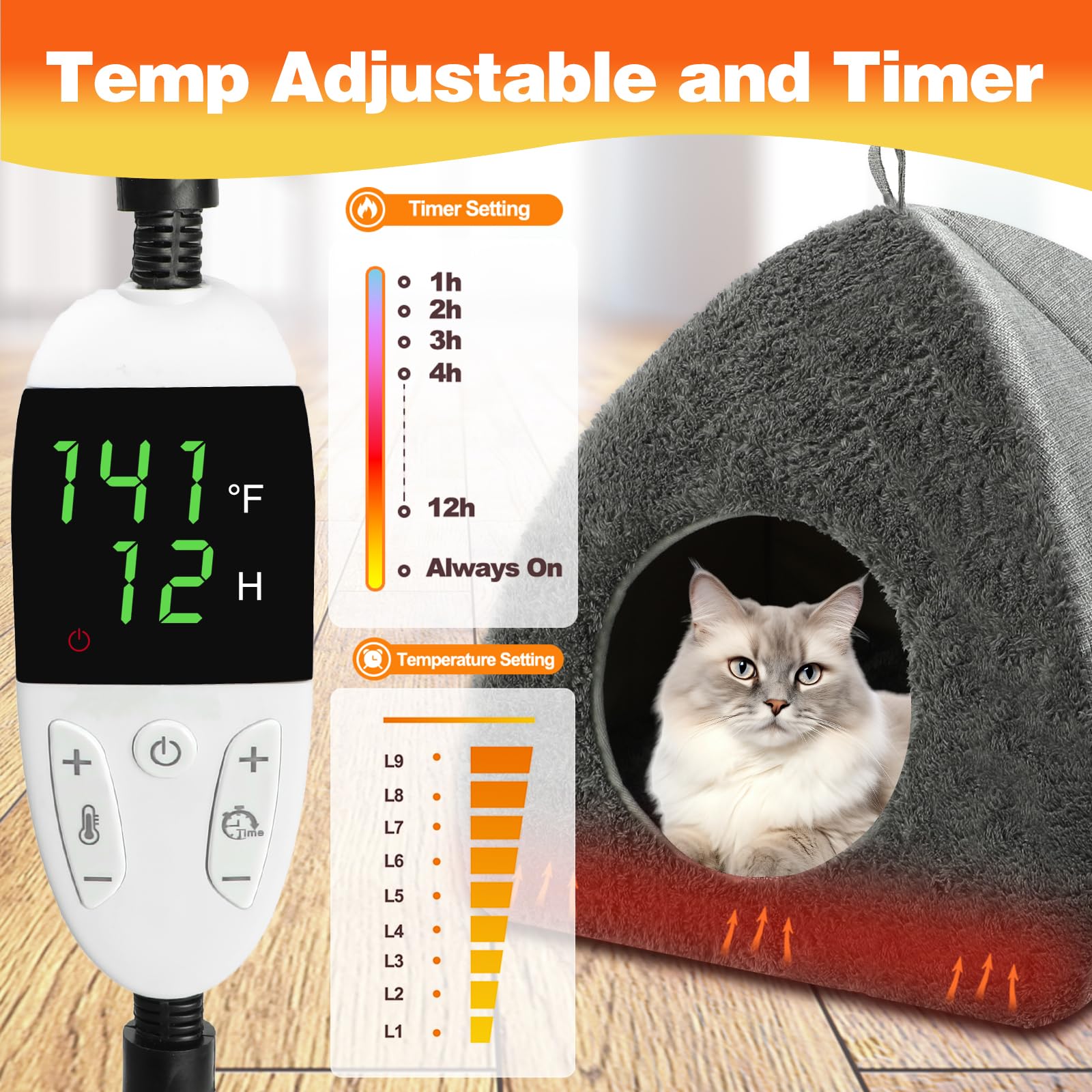 BWOGUE Letto riscaldato per gatti 2 in 1, letto riscaldato per gatti, con temperatura regolabile e timer, cuccia riscaldante per gatti da interni, gatti anziani, 42 x 42 x 41 cm (tappetino riscaldante
